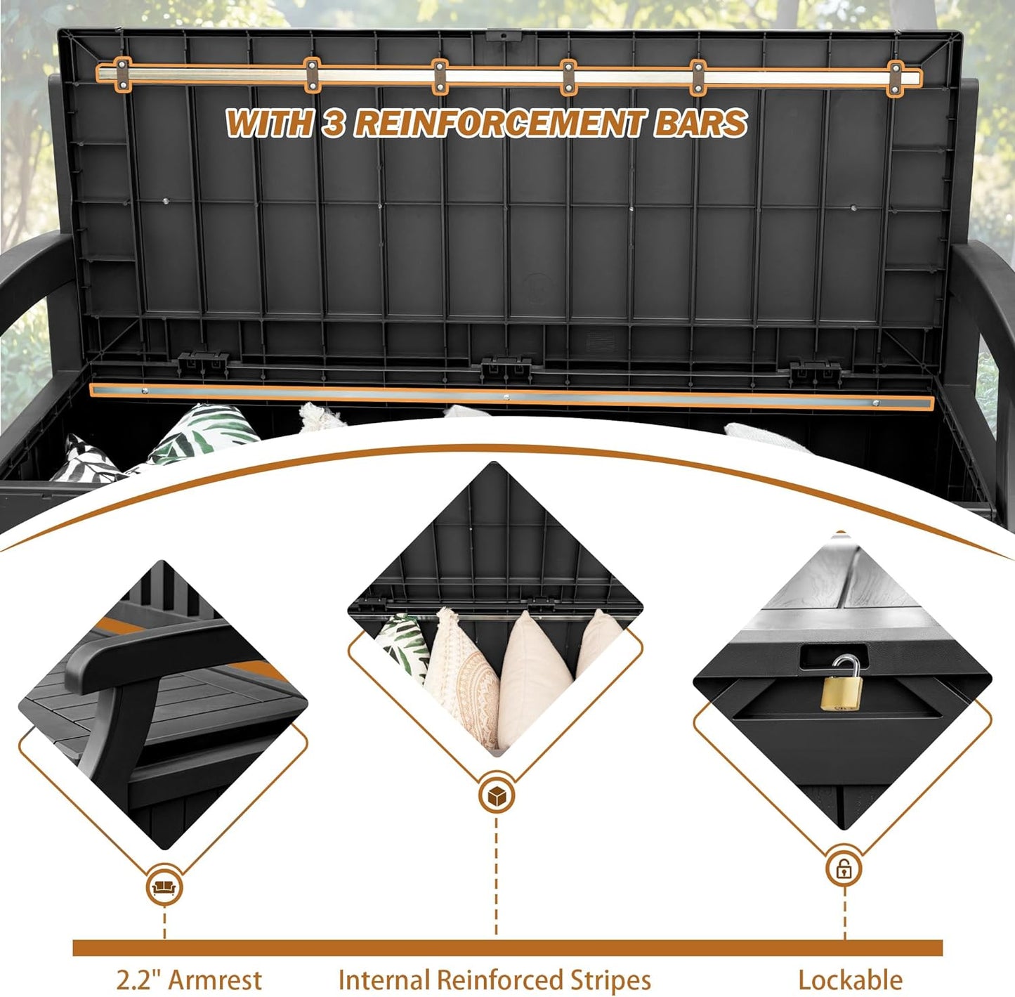 Devoko 80 Gallon Storage Bench Deck Box Lockable for Patio Furniture, Garden Decor and Outdoor Seating for Cushions, Garden Tools and Pool Supplies (Black)