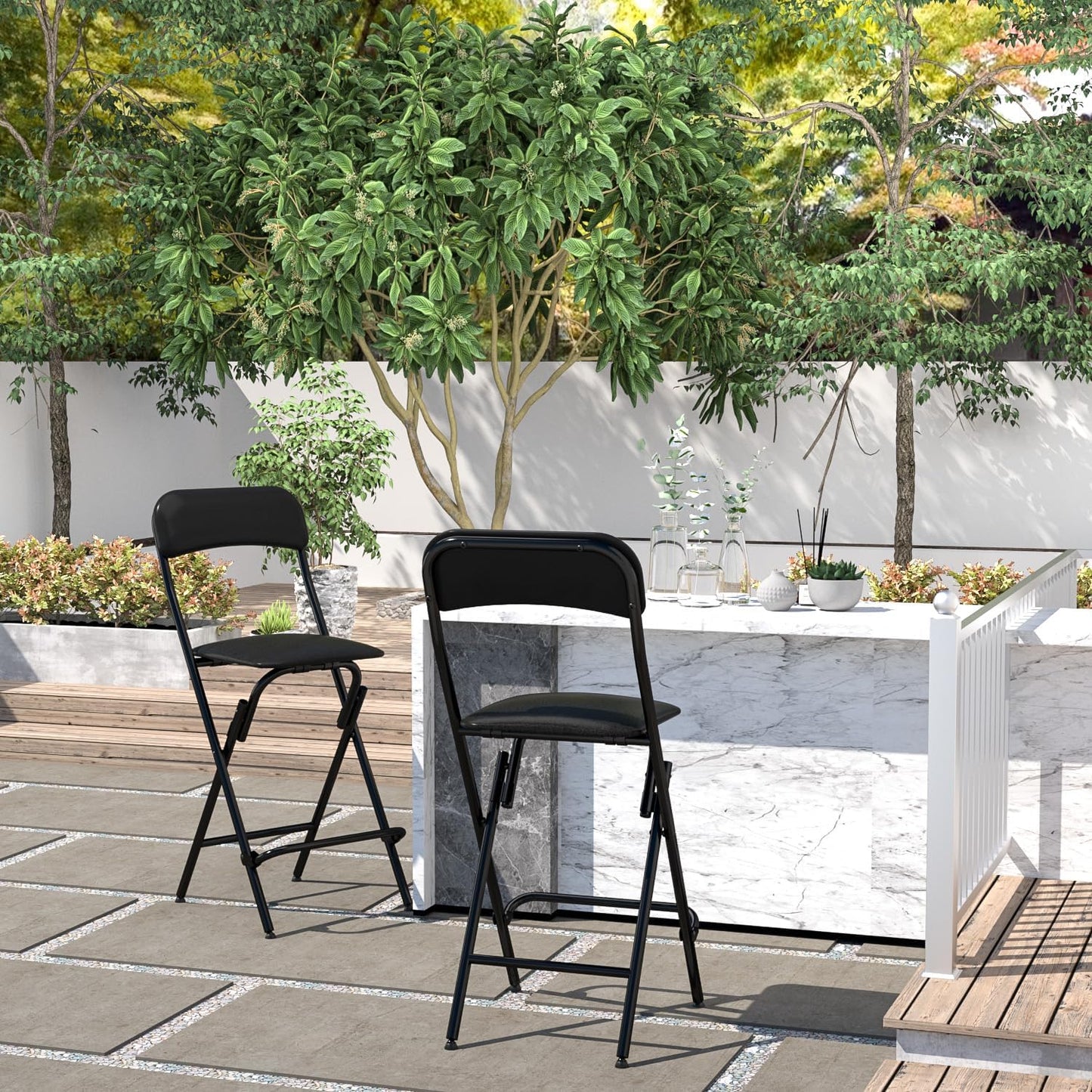Folding Bar Stool with Backrest,25 Inch Leather Padded Counter Height Foldable Stool,Tall Folding Stool Chair for Gardening Kitchen Shop Cafe, Black (2 Pack)