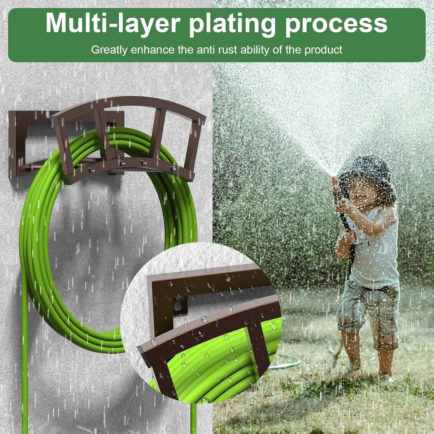 Garden Hose Holder Wall Mounted, Outdoor Heavy Duty Metal Water Hose Holder Hanger Holds 125-ft Water Pipe, Sturdy Detachable Hose Storage Organizer Reel Rack for Outside Garden Lawn Yard Farm, Bronze