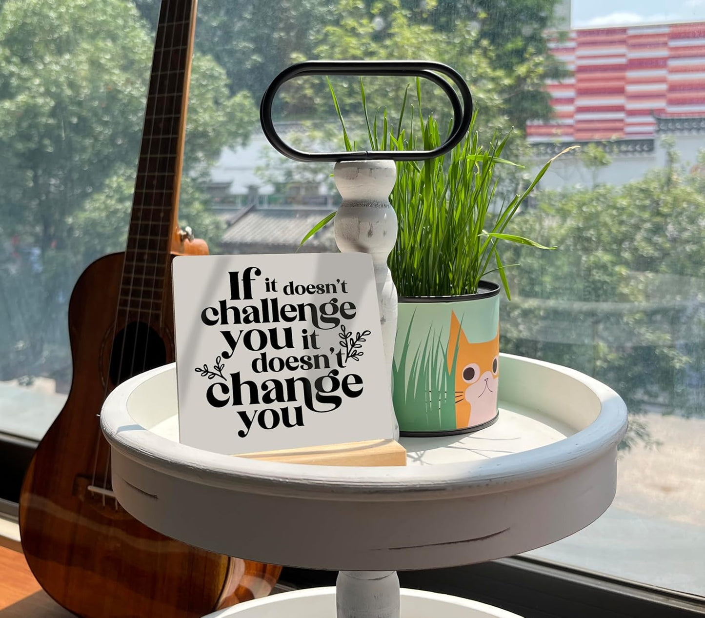 Inspirational Wooden Sign, If It Doesn't Challenge You It Won't Change You, Desk Plaque with Wooden Stand 4 x 4.3 inches, Classroom Decor, Decor for Home Gym, Gift for Young Teens Graduates B