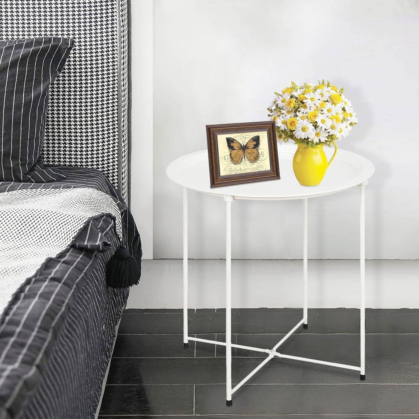 Garden 4 you End Table Metal Side Table White Round Folding Tray Cyan Sofa Small Accent Fold-able Table, Round End Table Tray, Next to Sofa Table, Snack Table for Living Room and Bed Room