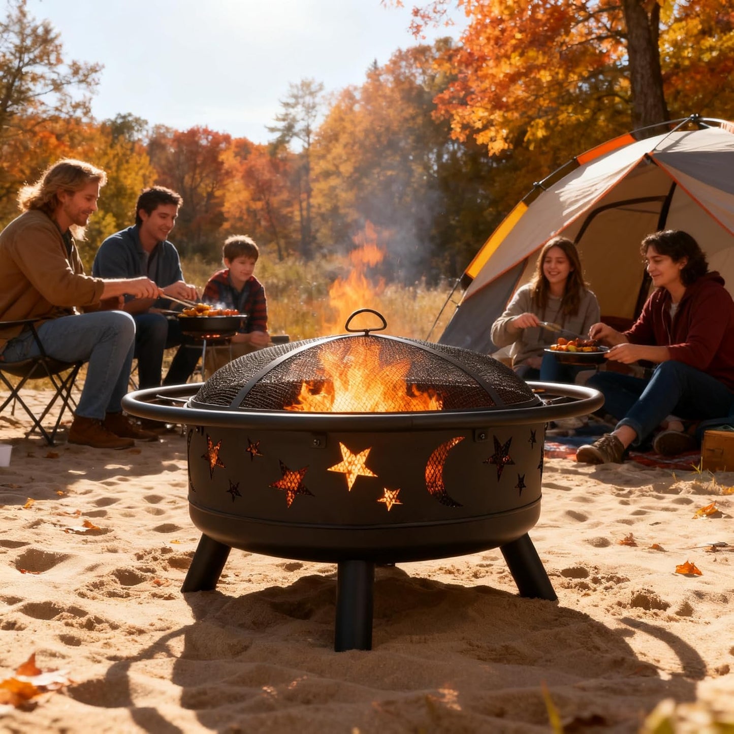 32" Round Wood Burning Fire Pit with Mesh Cover, Fire Poker, Star & Moon Cutouts, Metal Outdoor Firepit for Patio, Backyard, Garden, Bonfire, Camping, Christmas, Thanksgiving, Halloween