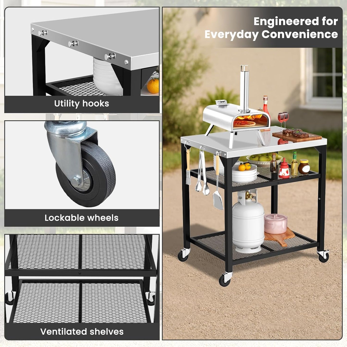 Pizza Oven Table for Ninja Woodfire, Blackstone, Cuisinart, 32x24 Inch Stainless Steel Outdoor Grill Prep Cart with Hooks, Portable Food Station