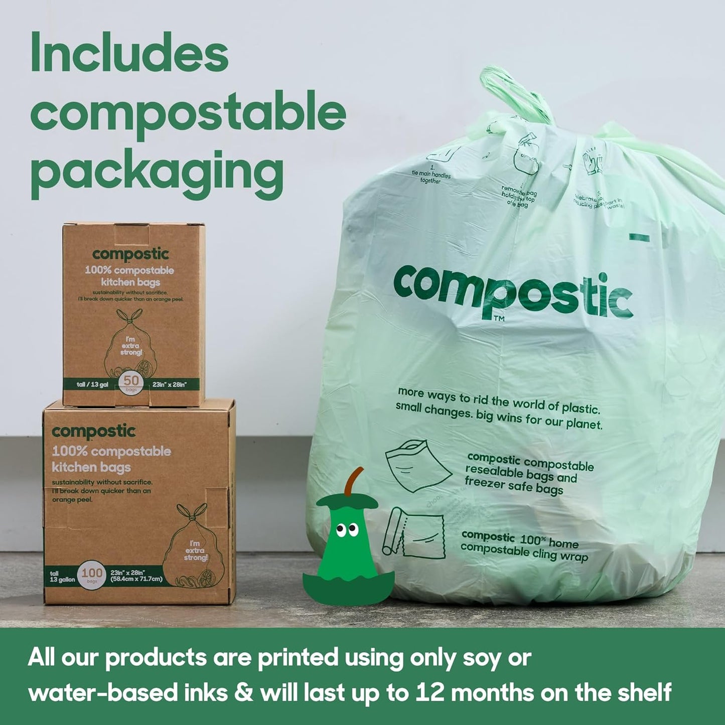 Home Compostable Trash Bags, 13 Gallon Tall Kitchen Rubbish Bags (23” x 29”), Extra Strong & Quickly Breaks Down, 50 Count