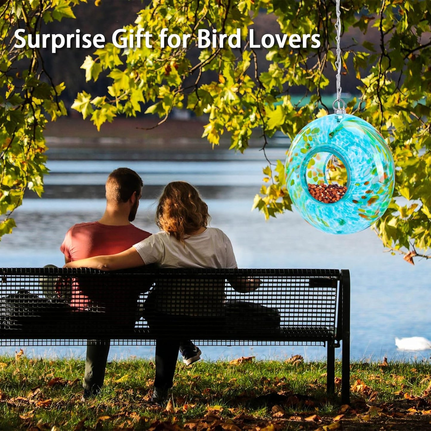 Yinns Bird Feeder - Fly Through Bird Feeders for Outside Hanging with Round Shape Glass Container, Solar Birdsfeeder for Yard Garden Decor, 8-Inch