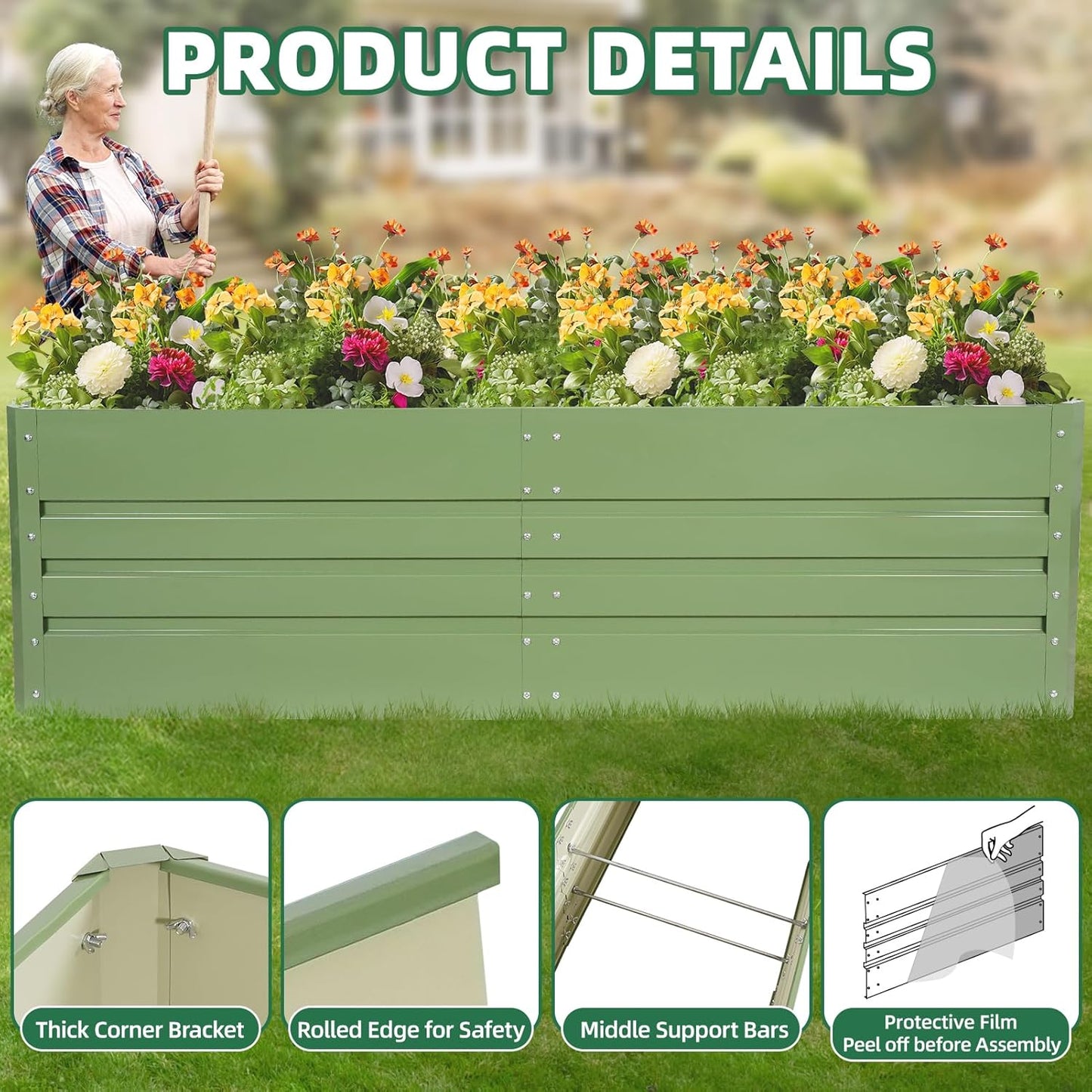 G GOOD GAIN 6x3x1.8ft Raised Garden Bed - Metal Planter Box Outdoor with Weed Barrier Fabric | Deep Root Raised Beds for Gardening Vegetables Flowers Herb Fruits (Olive Green)