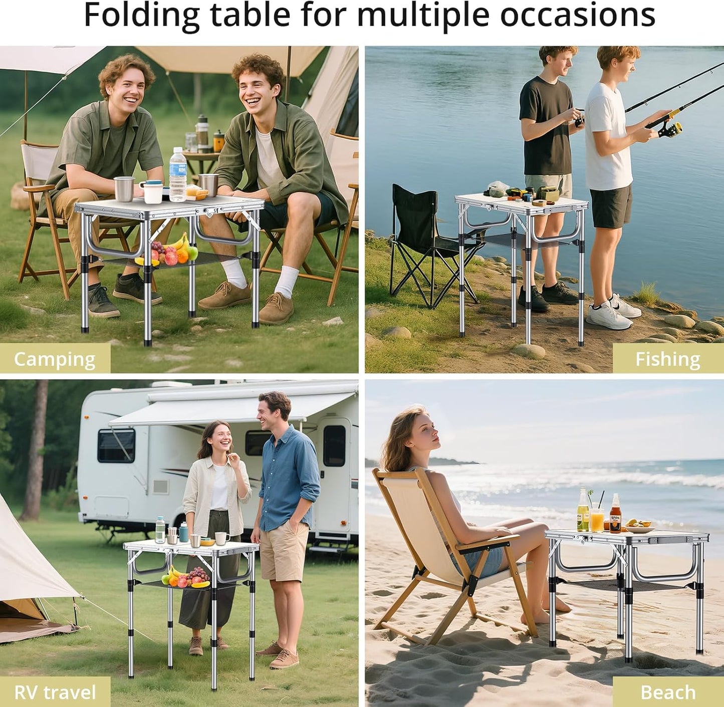 Folding Camping Table, Aluminum 24" x 16" Adjustable Height Small Folding Table with Carrying Handle, Lightweight, Portable Camping Table Waterproof for Outdoor Indoor Picnic Beach BBQ, Silver