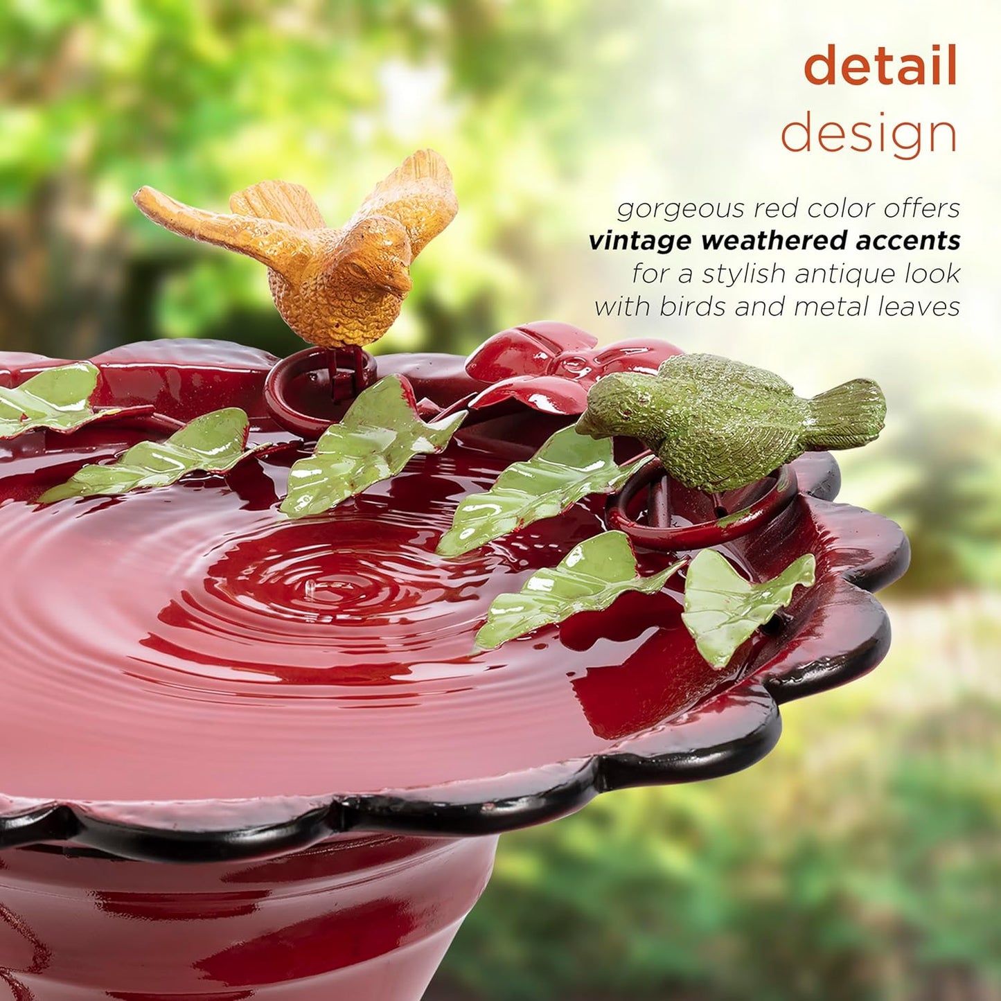 Alpine Corporation - 28" Tall Outdoor Metal Birdbath with Birds and Leaves Yard Statue Decoration, Red – Stunning Garden Accent to Attract Birds - Durable Construction for Patio, Deck, or Yard