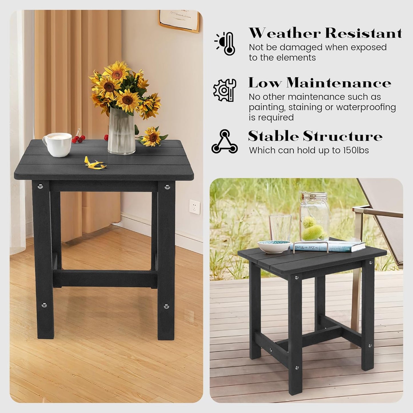 Outdoor Side Table, Small Adirondack Side Table for Adirondack Chair - Indoor Outdoor End Table - HDPS (Black)