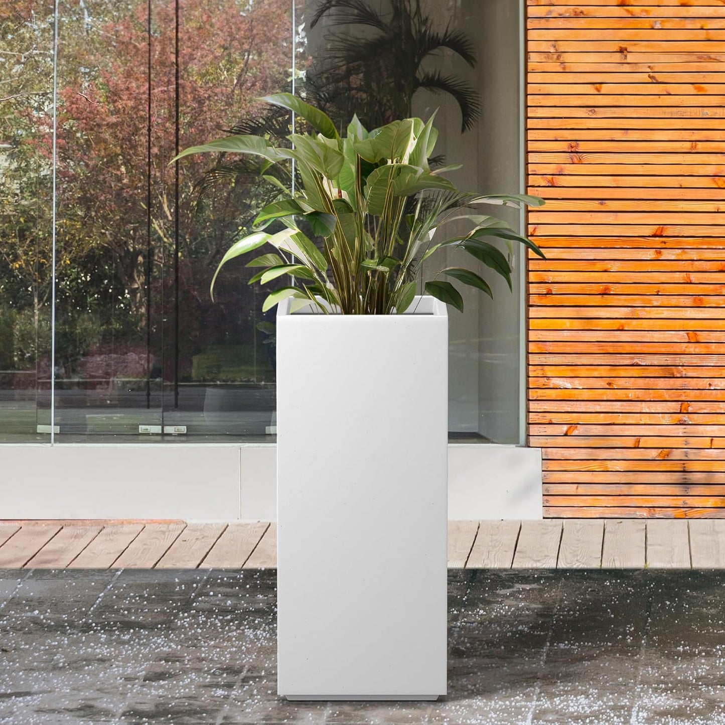 Kante 23.6" H Tall Rectangular Concrete Planter, Modern Square Diameter Plant Pot with Drainage Hole and Rubber Plug for Indoor Outdoor Home Patio Garden, Pure White
