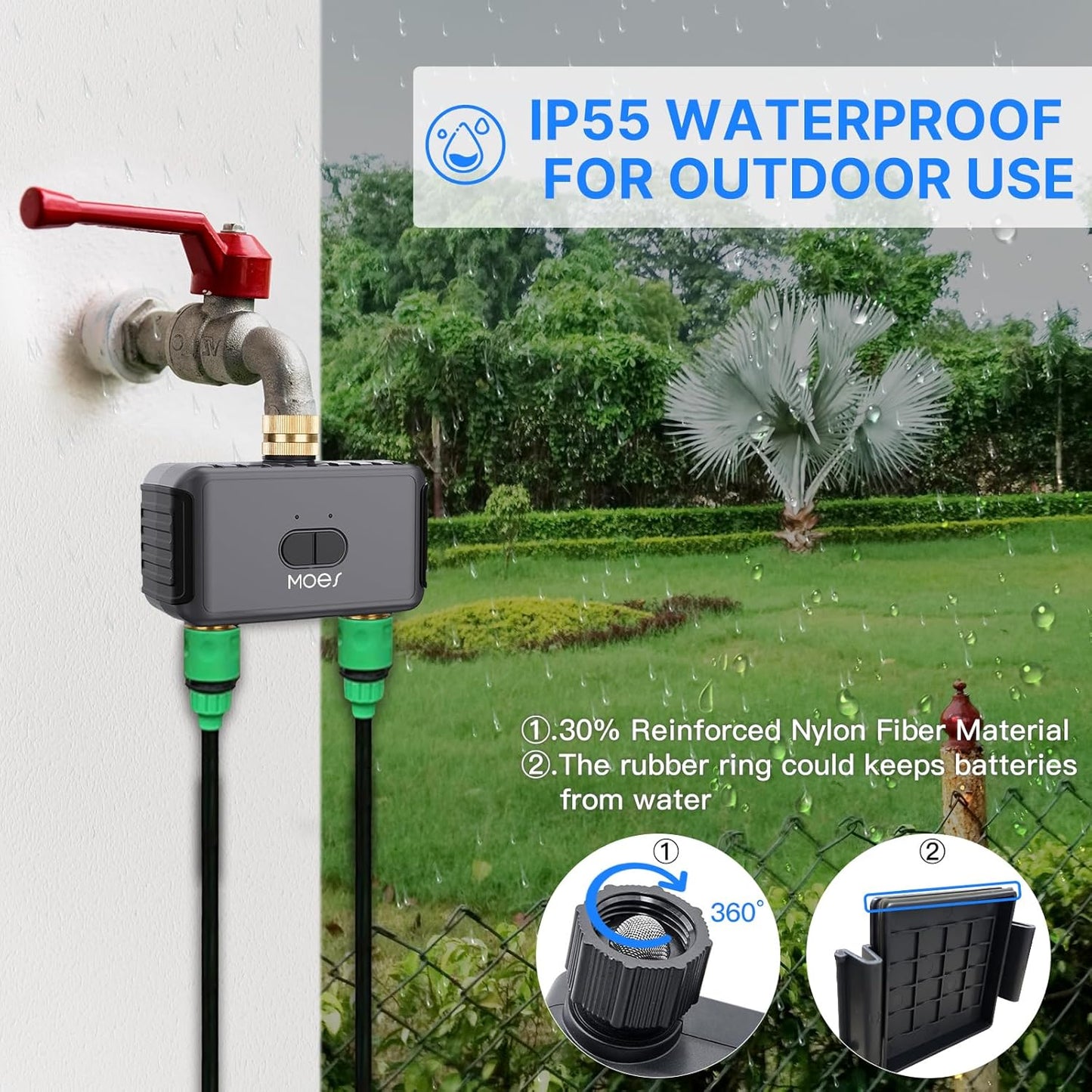 MOES WiFi Sprinkler Timer 2 Zone with Brass Inlet & Outlet, Water Timer for Garden Hose Faucet, Programmable Watering Irrigation 2 Outlet, Smart Watering System for Lawns and Yard Work with Alexa