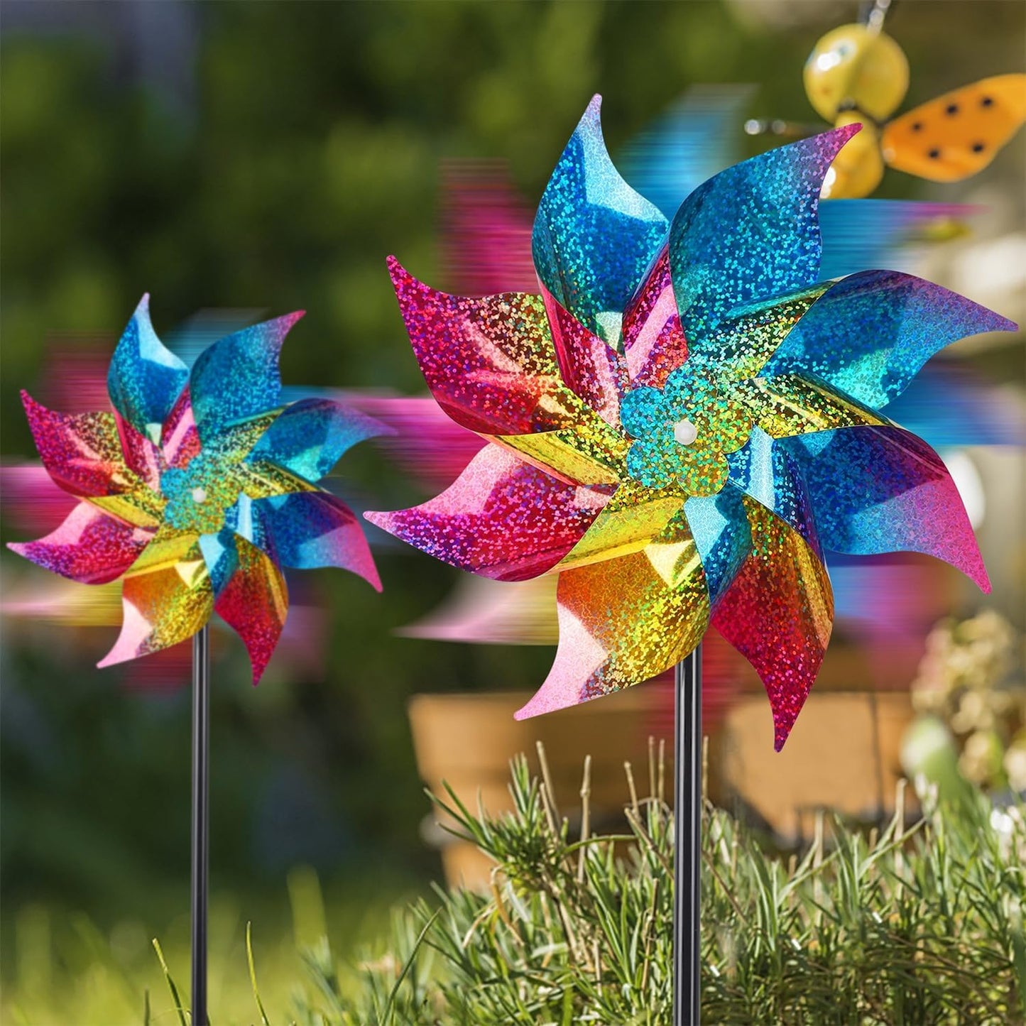 Hausse 10 Pack Reflective Pinwheels Wind Spinner, Extra Sparkly Rainbow Pinwheel with Stakes, Bird Repellent Blinder Devices Deterrent to Scare Birds Away from Yard Patio Farm Garden, Colorful