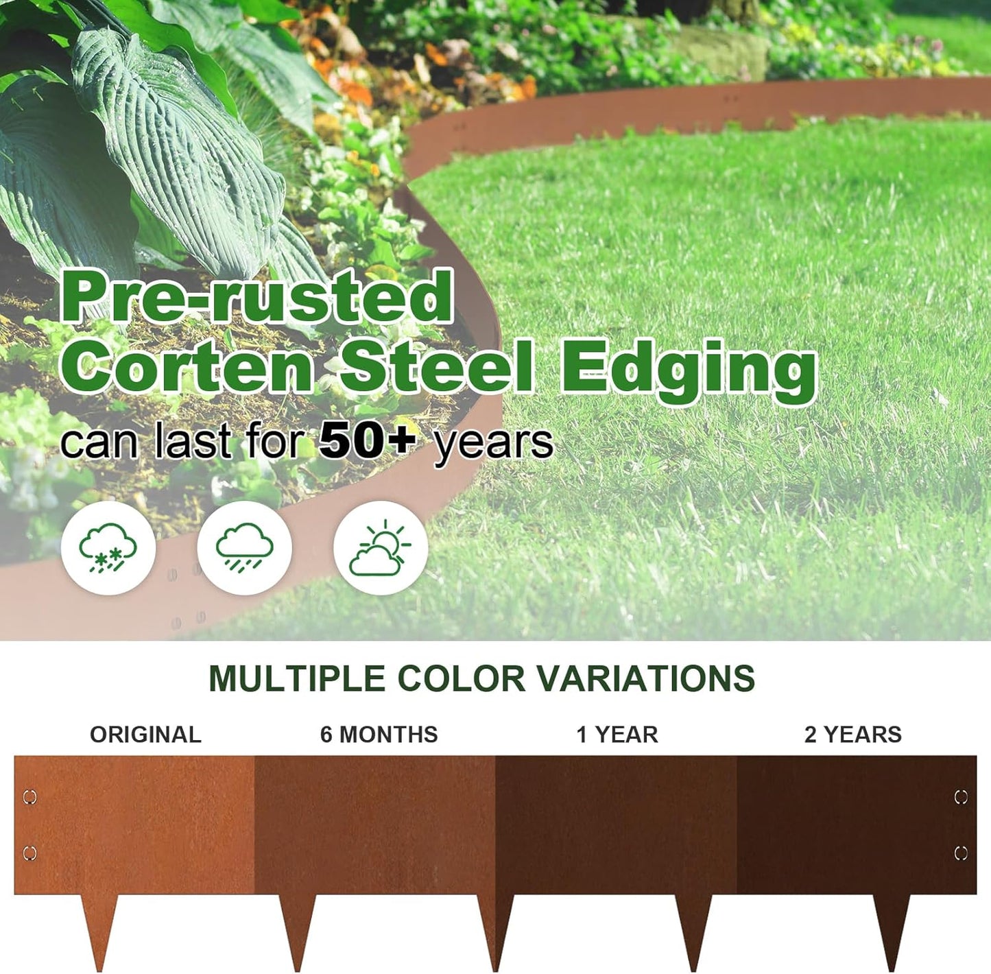 Heavy-Duty Cor-Ten Steel Landscape Edging (8" H x 40" L) - 6-Pack (20 Ft Total) | Pre-Rusted, Weatherproof Garden Border | Hammer-in, No Dig, Bendable Design for Lawns, Flower Beds & Trees