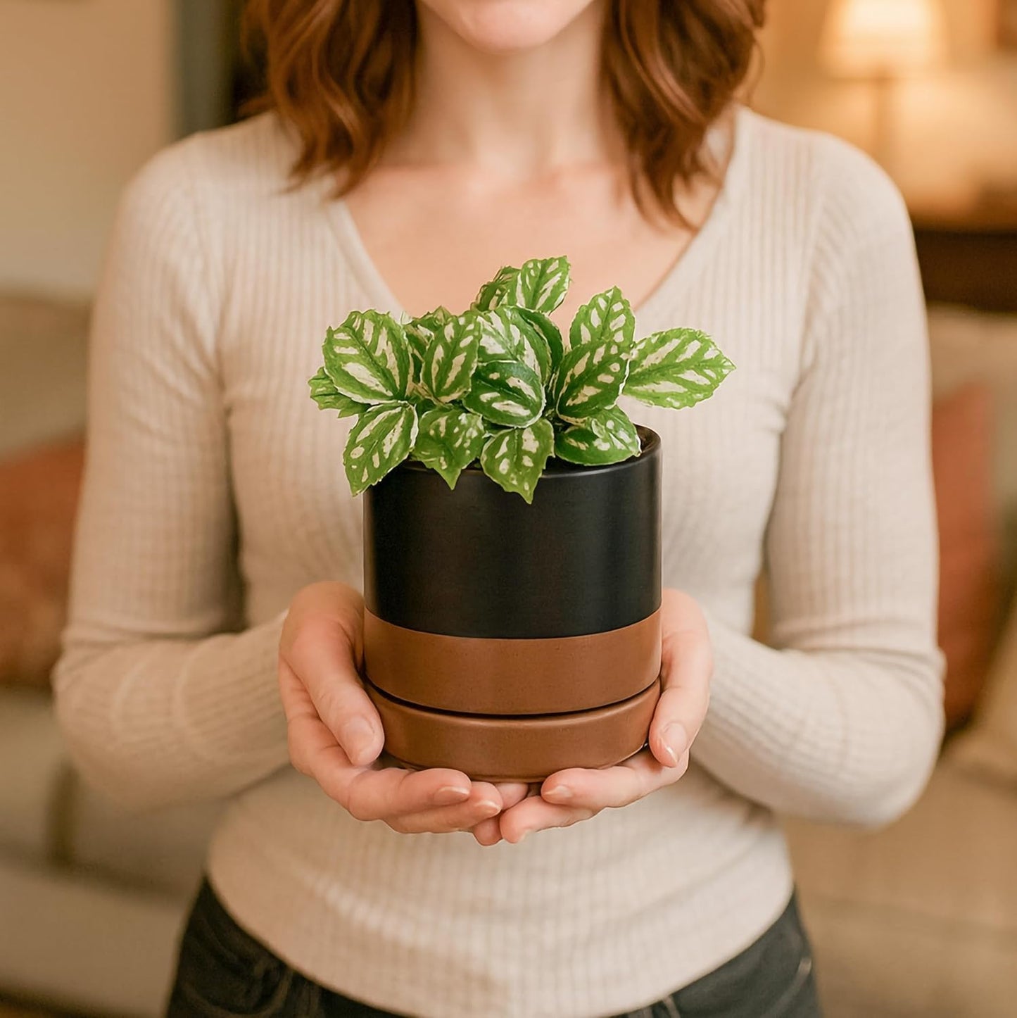 D'vine Dev 4.7 Inch Ceramic Planter Pot with Drainage Hole and Saucer, Indoor Cylinder Round Planter Pot, Black/Speckled Tan, 94-O-B-7