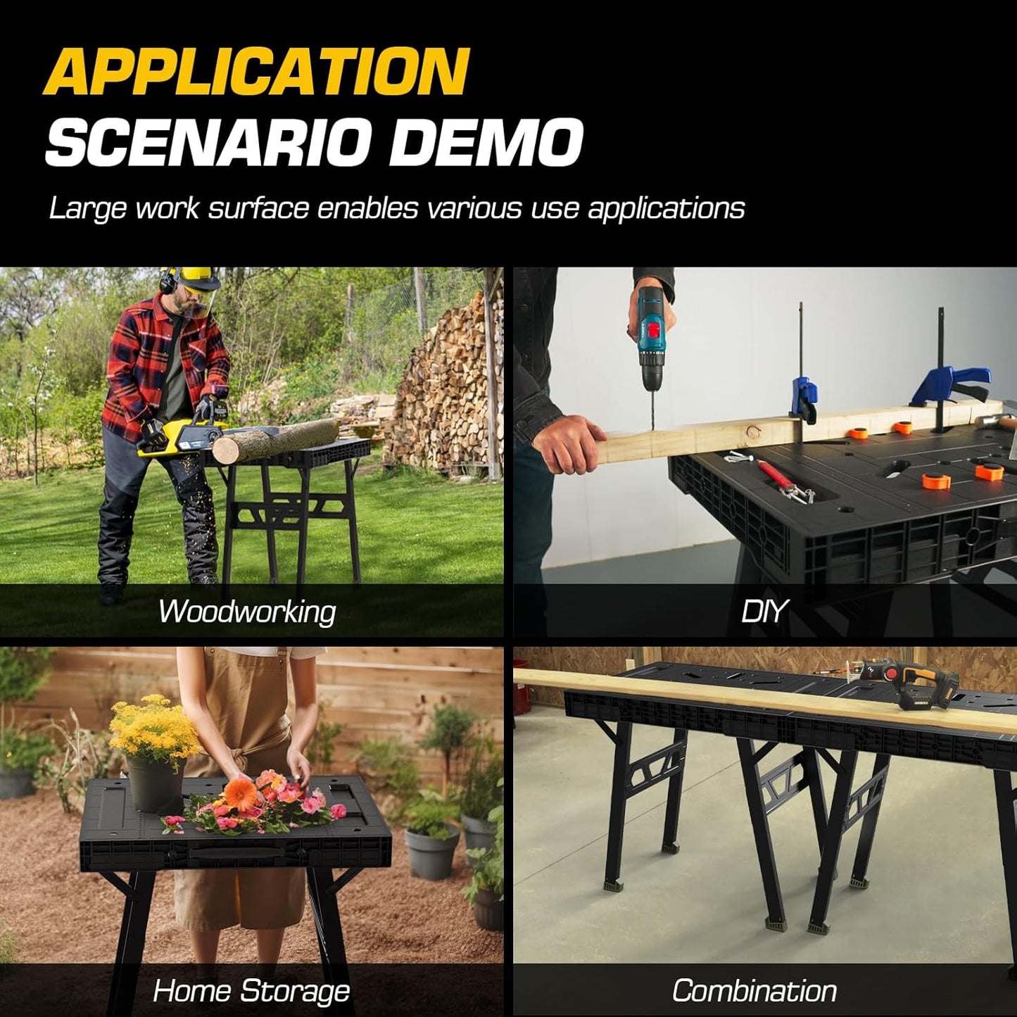 Express Folding Work Table, Easy Setup Portable Folding Work Table & Portable Folding Workbench, 34" W x 25" D x 31" H Lightweight Versatile Clamping Worktable for Garage/Wood Shop (Black)