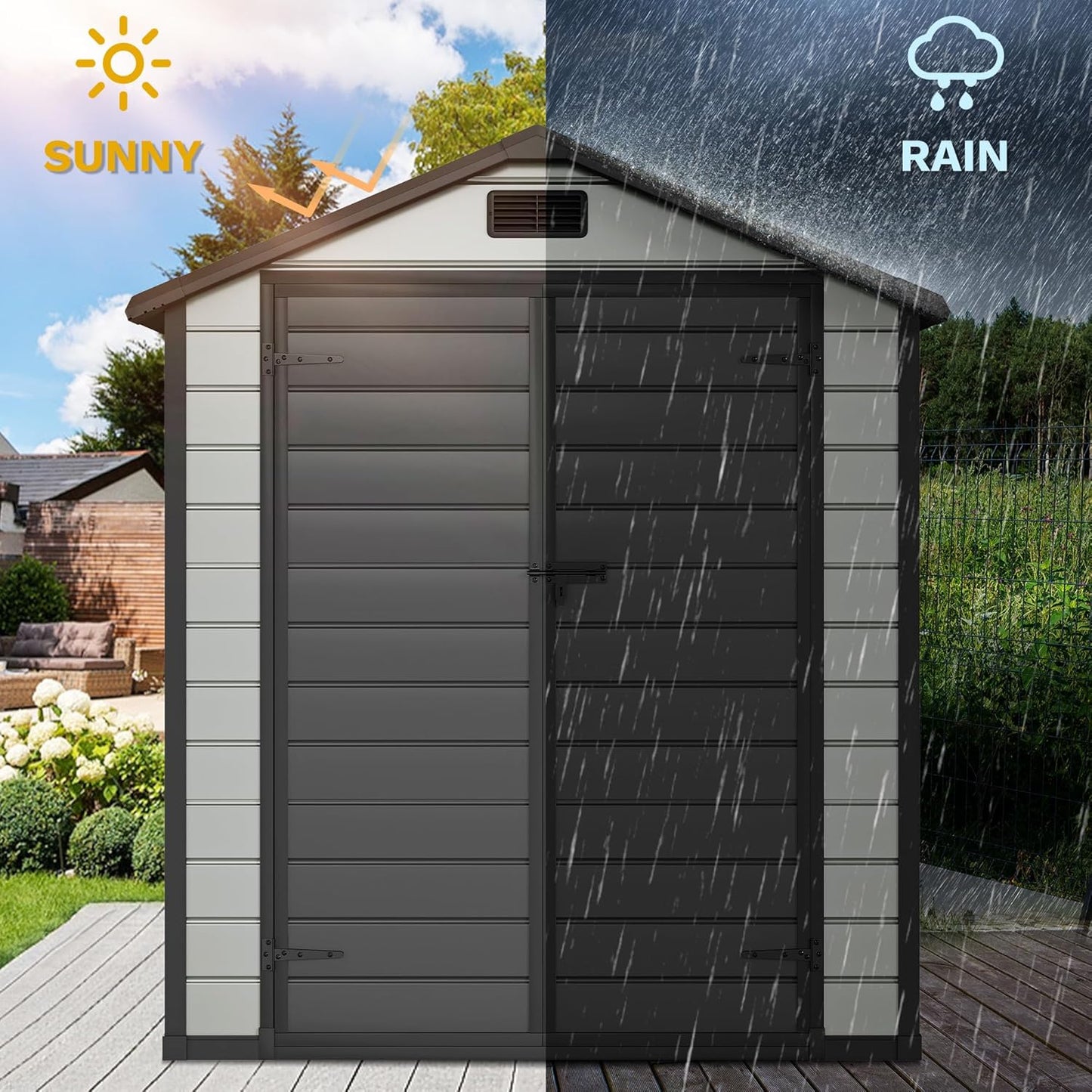 DWVO 6x4 FT Outdoor Resin Storage Shed with Floor, Waterproof Storage Shed with Lockable Door, Window and Vent, Plastic Tool Storage for Garden, Backyard, Patio, Lawn(Blue-Gray+Black)