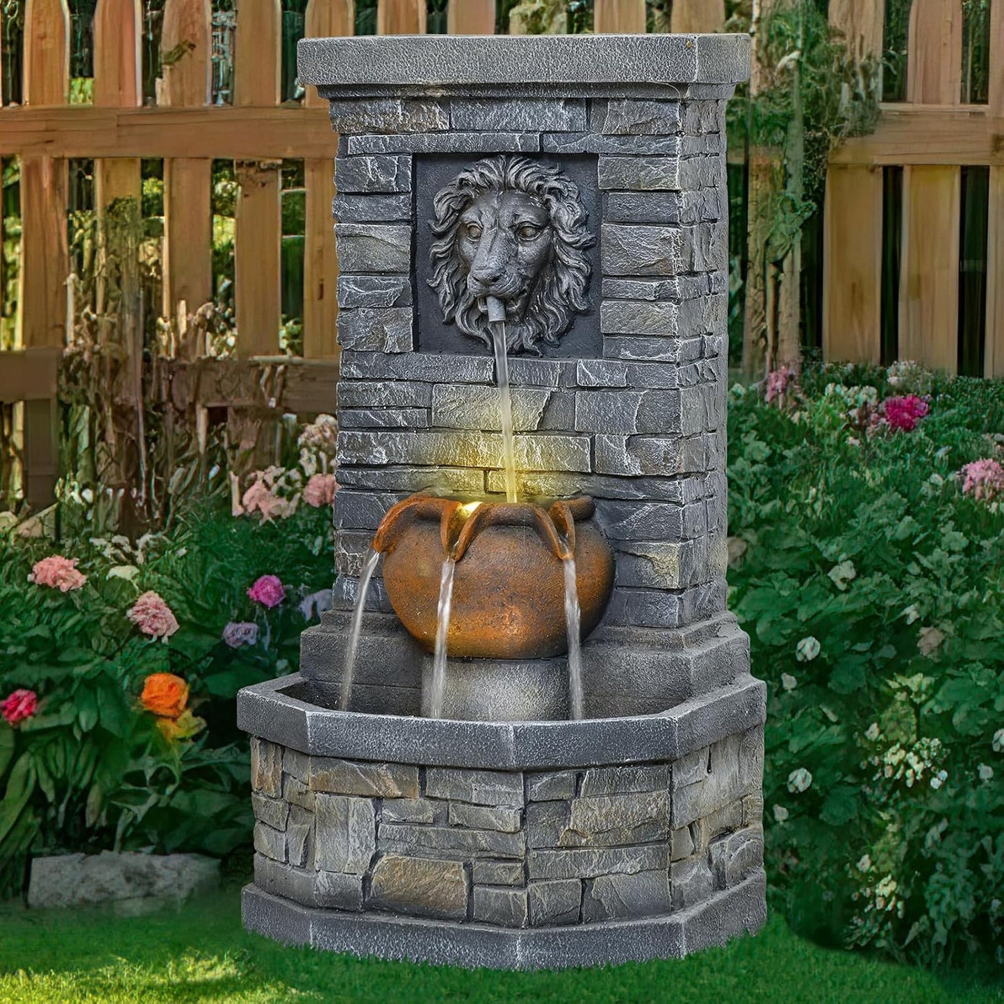 32.28'' Outdoor Garden Floor-Standing Water Fountain Lion Head Stone with Lights Outdoor Waterfall for Patio, Backyard, Deck, Porch and Home Art Decor
