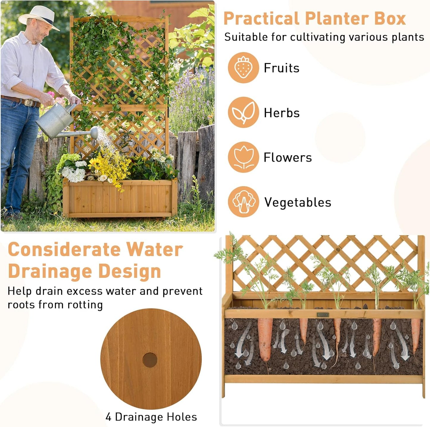 Giantex Planter Raised Bed with Trellis, 71" Wooden Garden Bed, High Trellis for Vine Plant Flower Climbing Pot Hanging, Indoor & Outdoor Planter Box for Yard, Garden, Balcony