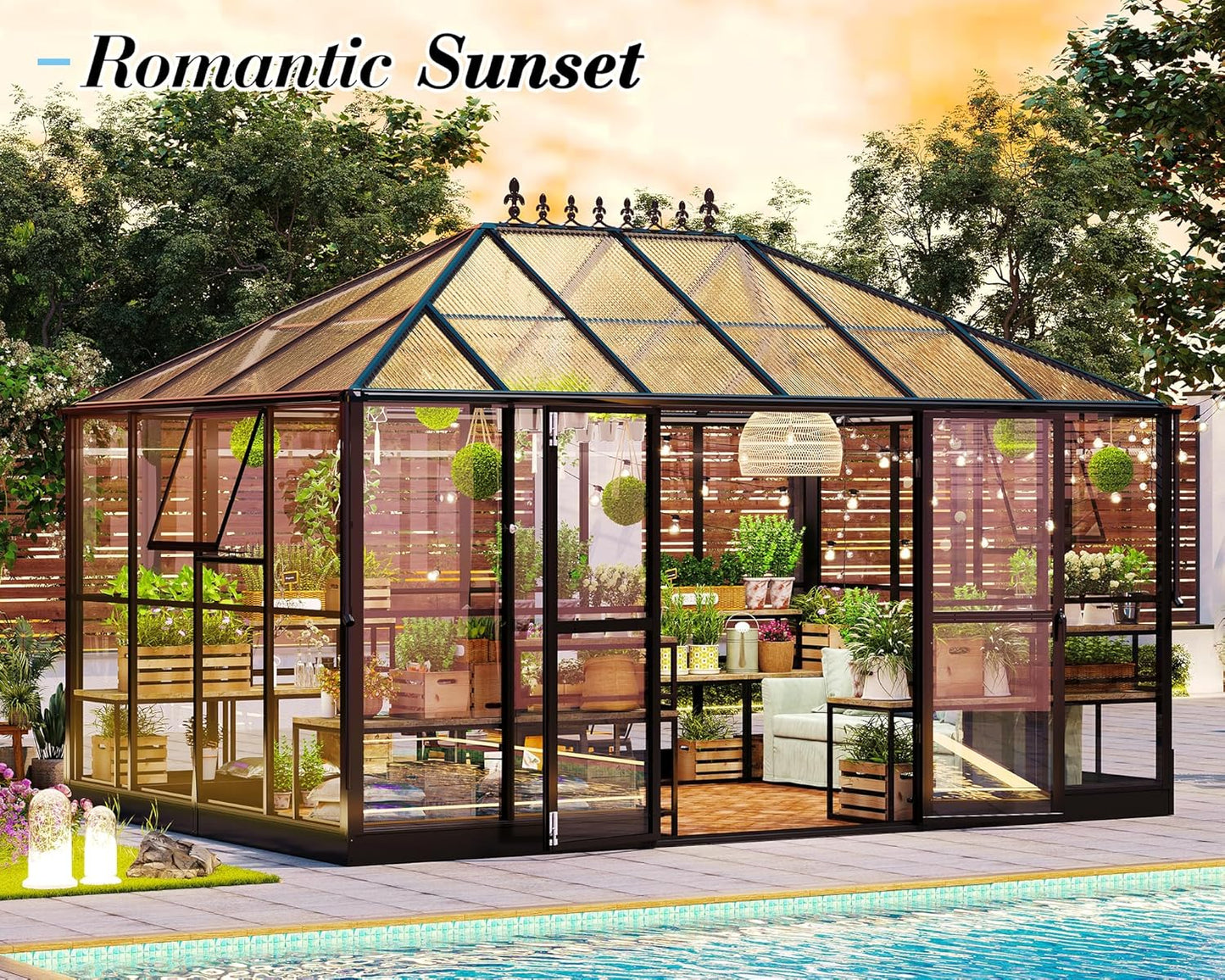 Jocisland 14x9.5x9 FT Polycarbonate Greenhouse with Clear Panels- 6 FT Wall Height Outdoor Aluminum Greenhouses with 2 Vents, Double Doors with Hook, Walk-in Greenhouse for Backyard Garden