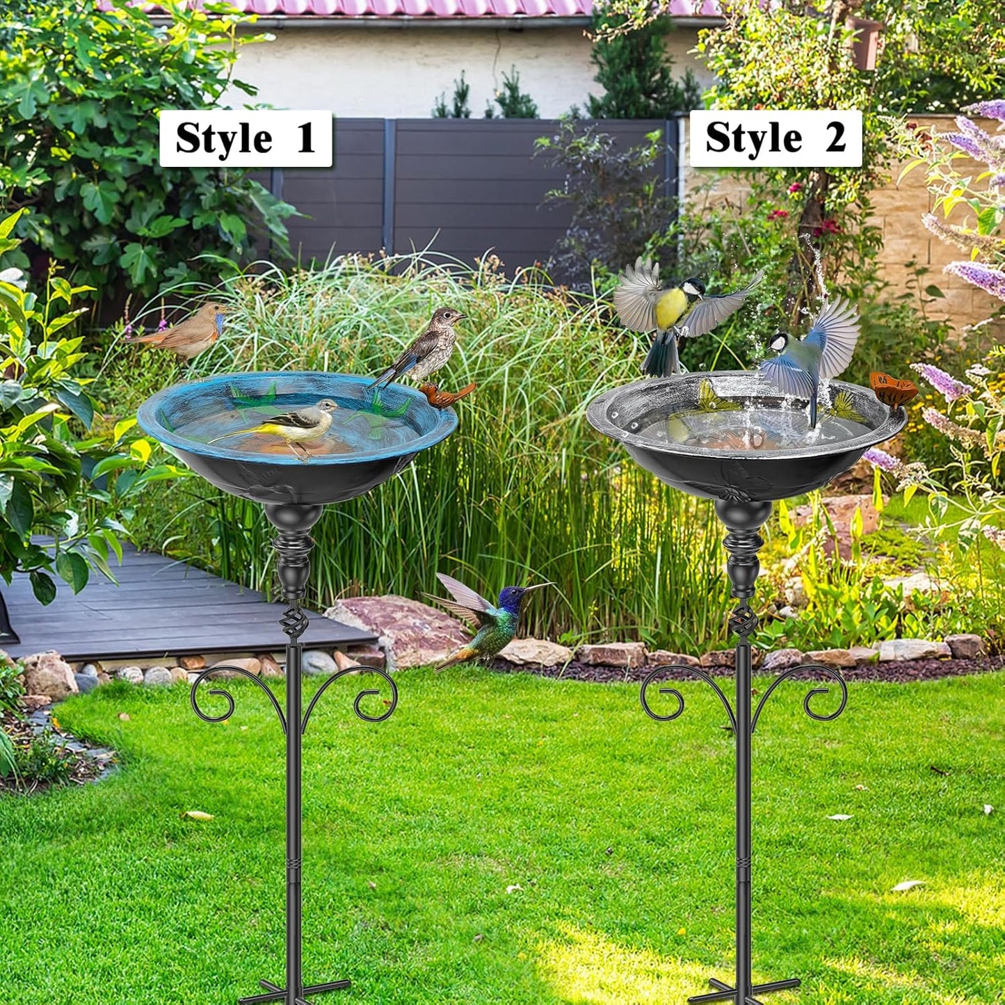 35.4" Tall Bird Bath for Outside, Vintage Metal Birdbaths Bowl with 5 Prong Bases for Outdoors, Freestanding Birdfeeder with Hummingbird Carving for Garden Yard Lawn Decor (Retro Blue)