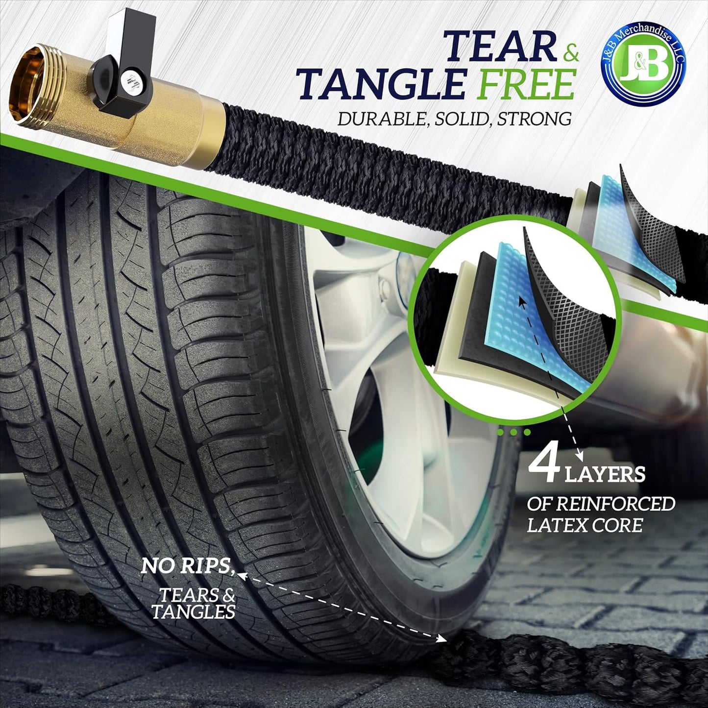 J&B XpandaHose 150ft Expandable Garden Hose with Holder - Heavy Duty Superior Strength 3750D - 4 -Layer Latex Core - Extra Strong Brass Connectors and 10 Spray Nozzle w/Storage Bag (Black 150)