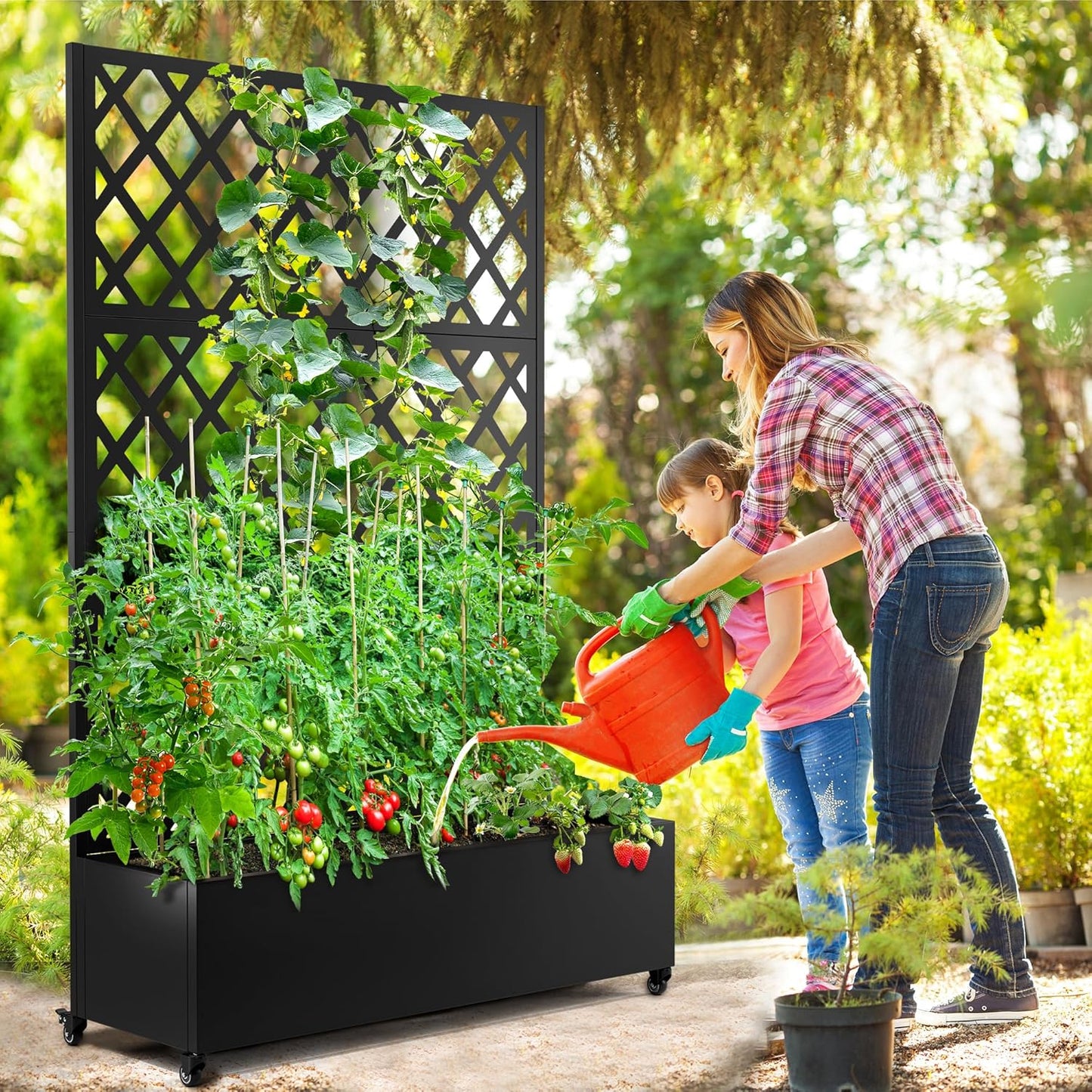 FENCY Metal Planter Box with Diamond Lattice Trellis Planter Box for Climbing Plants/Vines, Galvanized Raised Garden Bed On Wheels, Garden Bed with Trellis(73"x47" Black)