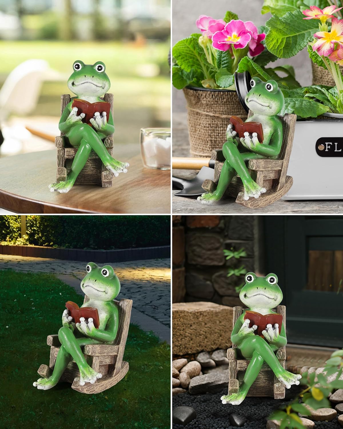 iStatue Miniature Solar Frog Reading Book Figurine Light - 5.5'' Resin Chair Statue Outdoor Table Decor for Lawn Ornaments, Patio, Yard & Garden and Home
