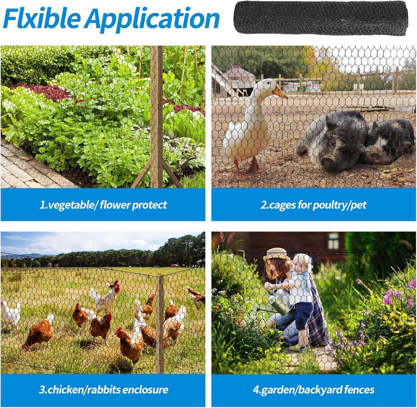 36'' x 50' Black Chicken Wire Fencing, 1 inch Chicken Wire and 20 Gauge Poultry Netting, Garden Mesh Fence Roll for Floral Arrangements/Crafts/Farm/Livestock/Pet Protection