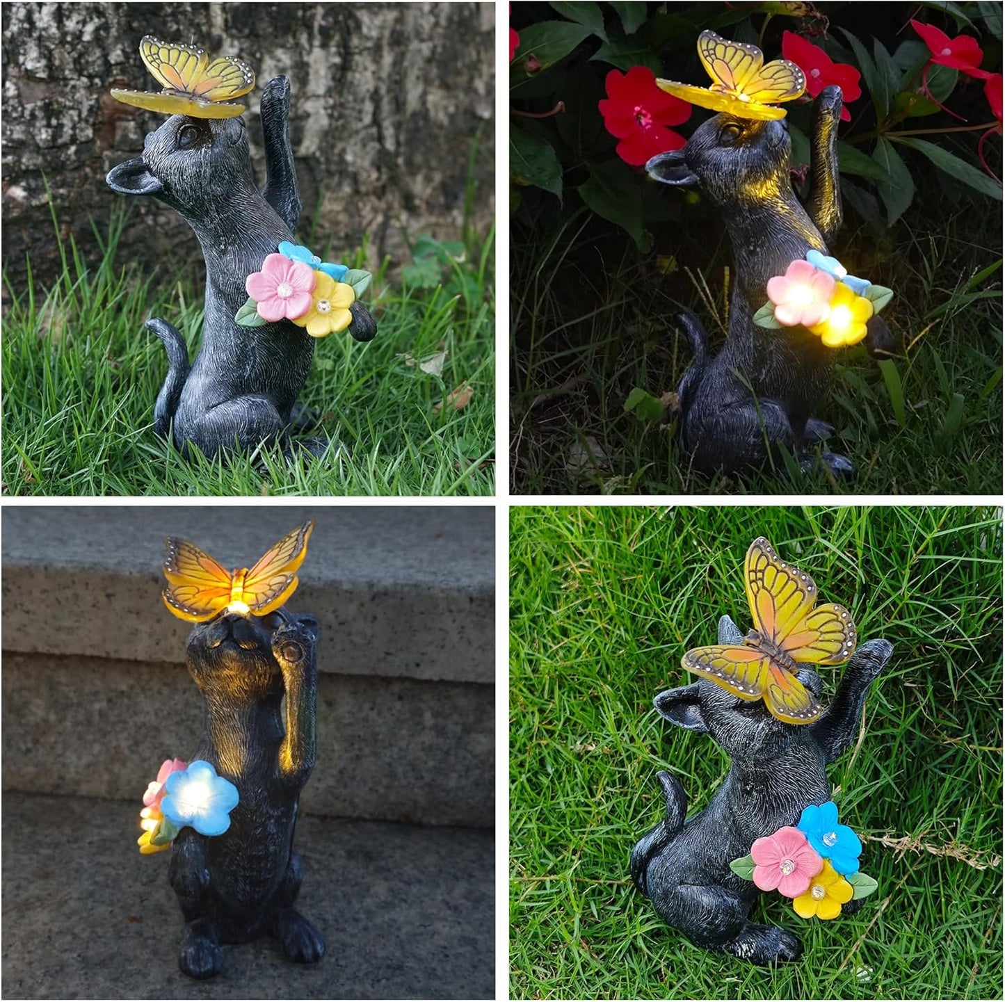 Solar Cat Garden Decoration Outdoor Statues - Cat with Butterfly Flowers Decorative Figurine for Yard Patio Lawn Porch Pathway Landscape Ornament Funny Birthday Gift for Mom Women