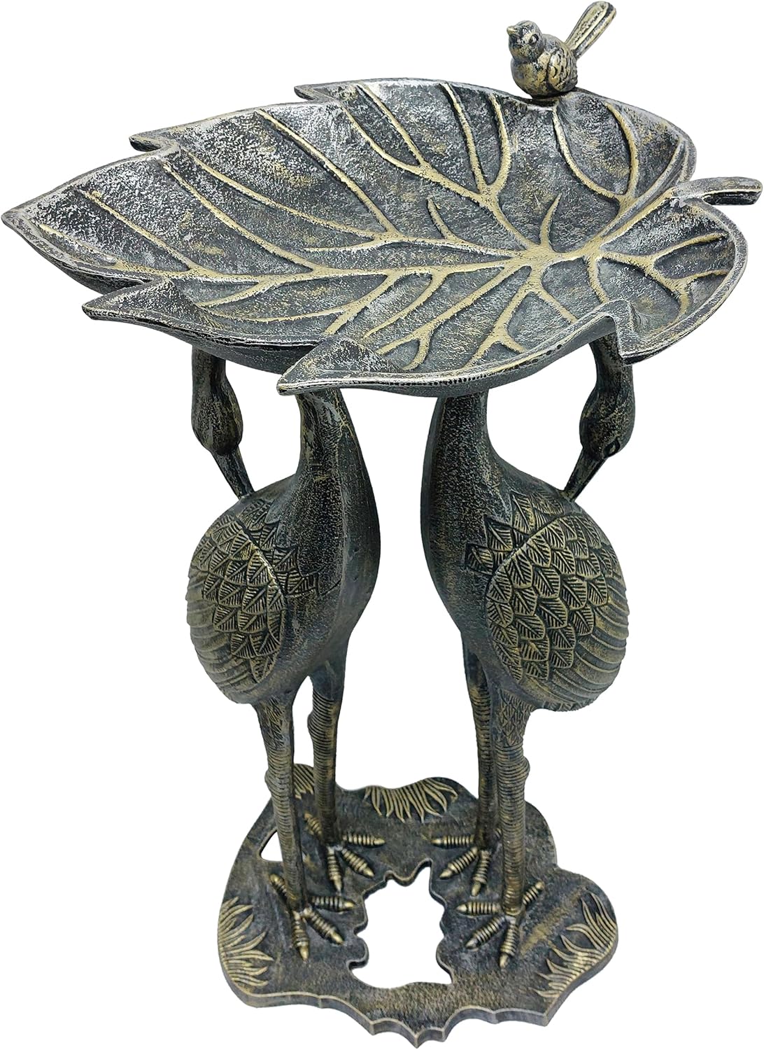 Oakland Living Cast Aluminum 30-in Twin Crane Silver Gold Bird Bath with Leaf Bowl