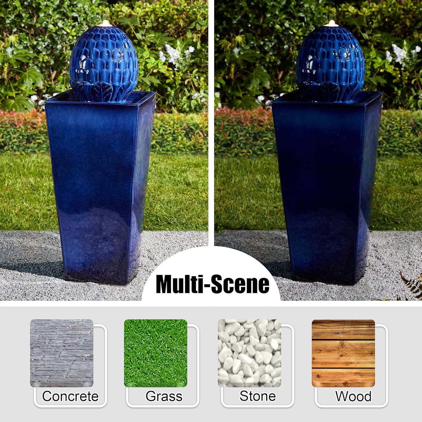 Glitzhome Ceramic Outdoor Water Fountain with LED Light, Oversized Artichoke Pedestal Water Fountains with Submersible Pump, Patio Fountain Waterfall for Garden Patio Deck Porch, Cobalt Blue, 35.75" H