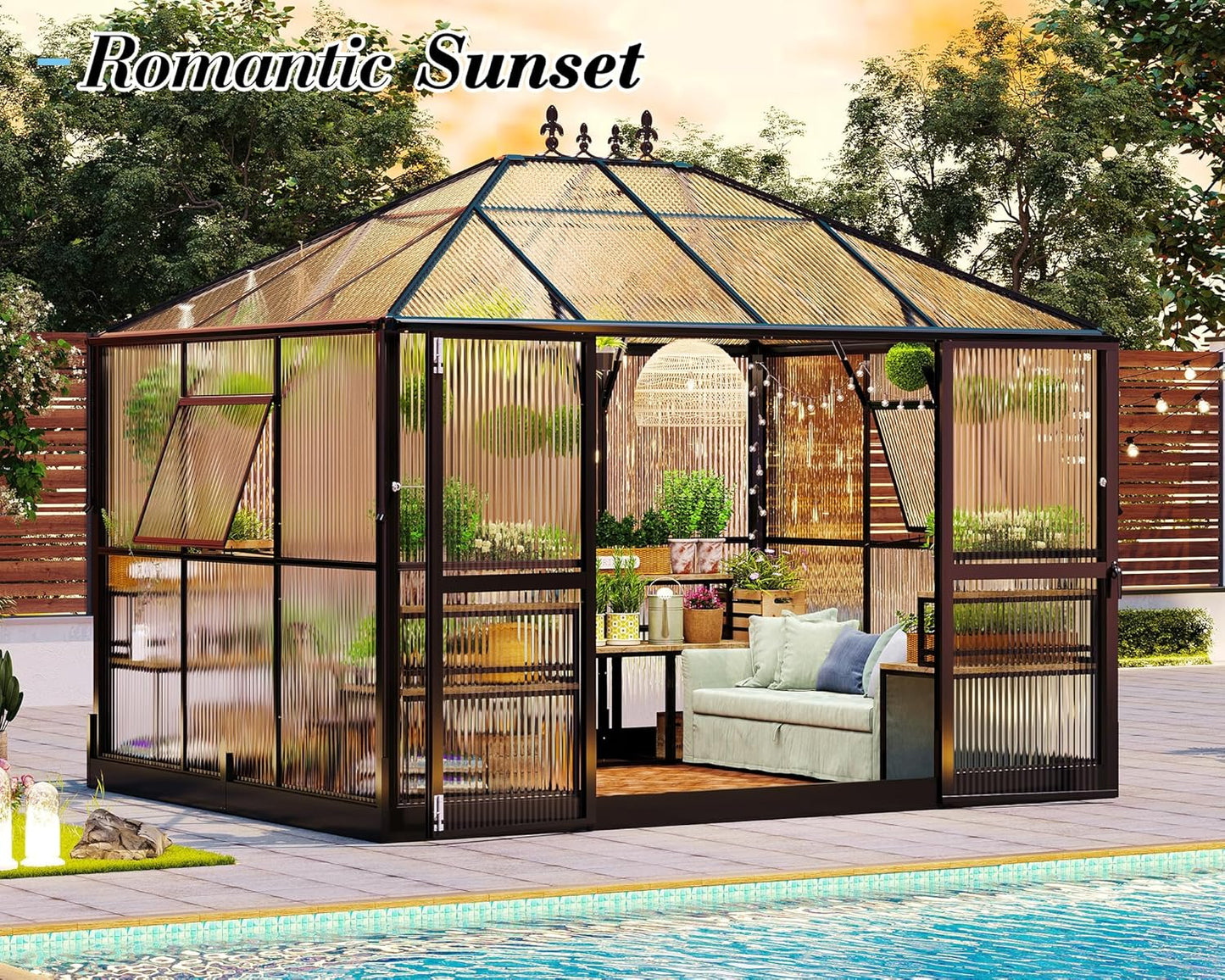 Jocisland 11x8.3x8.6 FT Polycarbonate Greenhouse- 6 FT Wall Height Outdoor Aluminum Greenhouses with 2 Ventilation and Rain Gutter, Double Doors with Hook, Walk-in Greenhouse for Backyard Garden