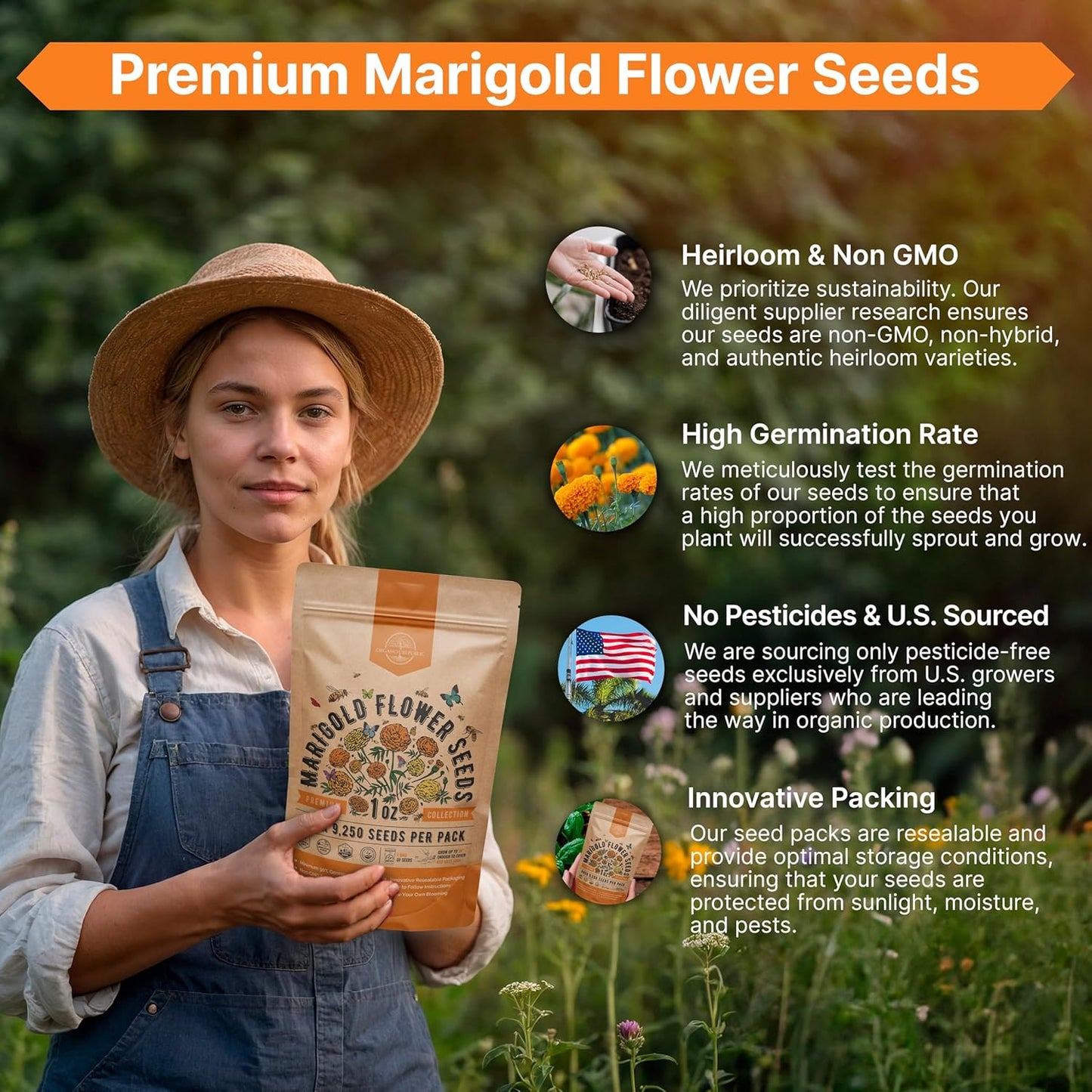 Marigold Seeds Pack 1 oz - Over 9,250 Non-GMO Heirloom Marigold Seeds for Planting Indoor & Outdoor Gardening, Flower Seed for Planting Home and Garden, Flowers Seed in Individual Packet
