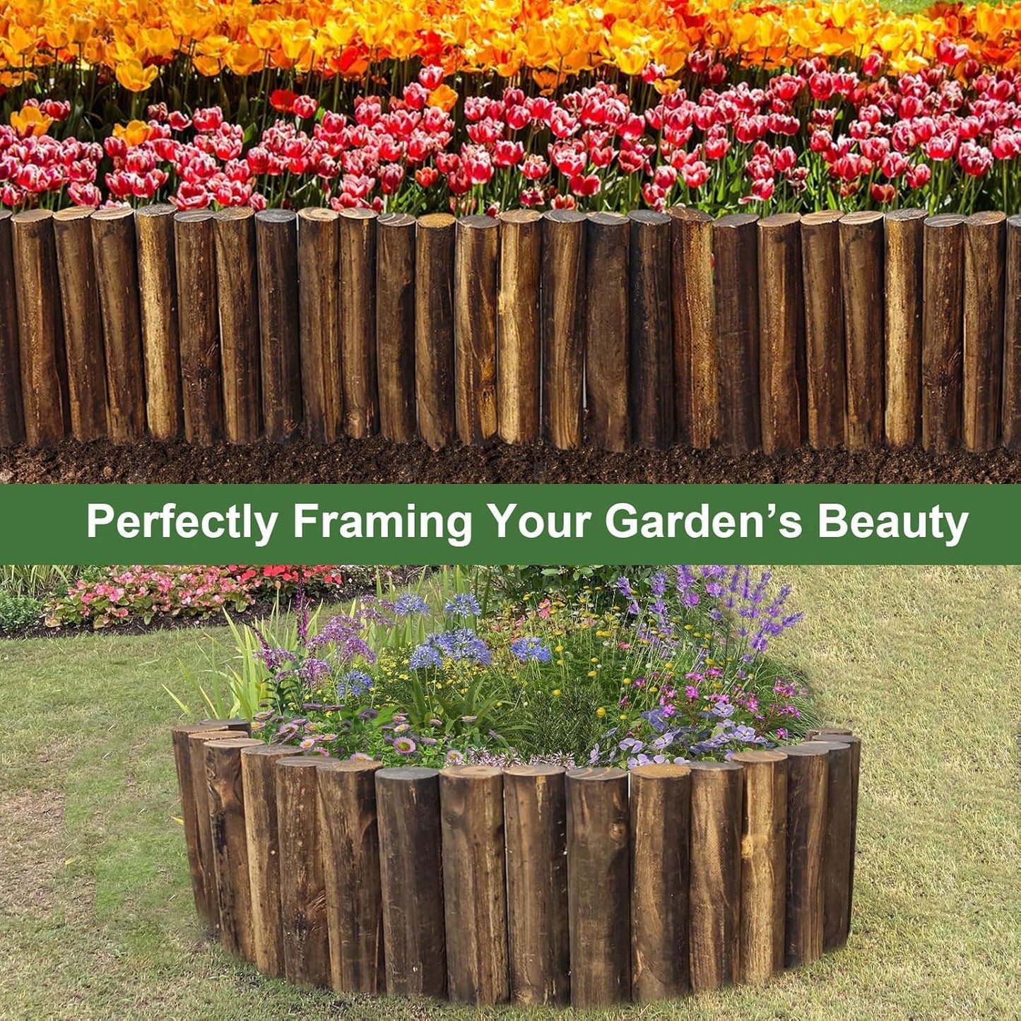 Wood Garden Fence, Wooden Solid Log Edging Border Decorative for Flower Bed Barriers and Landscape Fencing