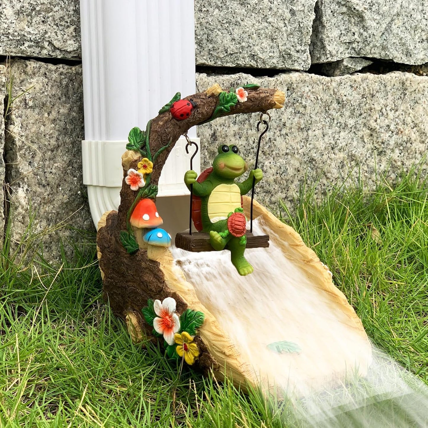 Tortoise On The Swing Gutter Downspout Extension Decoration,Rain Downspout Diverter Garden Statue,Decorative Gutter Extension,Downspout Splash Block,Animal Resin Statue Outdoor Décor
