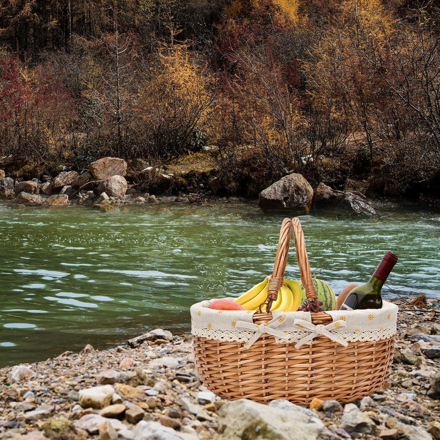 G GOOD GAIN Wicker Picnic Basket with Double Folding Handles,Willow Picnic Hamper,Natural Hand Woven Easter Basket,Easter Eggs and Candy Basket,Bath Toy and Kids Toy Storage,Gift Packing Basket.Yellow