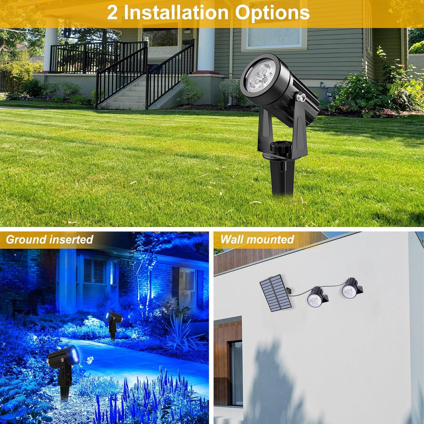 Blue Solar Spot Lights Outdoor,2 Pack Solar Landscape Spotlights IP65 Waterproof 9.8ft Cable, Auto On/Off Outdoor Wall Lights for Garden Yard Driveway Porch Walkway Pool (1-in-1)