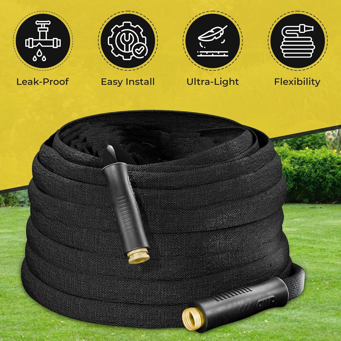 Flat Garden Hose 50FT β Non-Expanding, No-Kink, Leak-Proof Rubber Hose with Brass Fittings & 9-Function Nozzle β Lightweight, Flexible, Collapsible Water Hose for Garden, RV, Camper