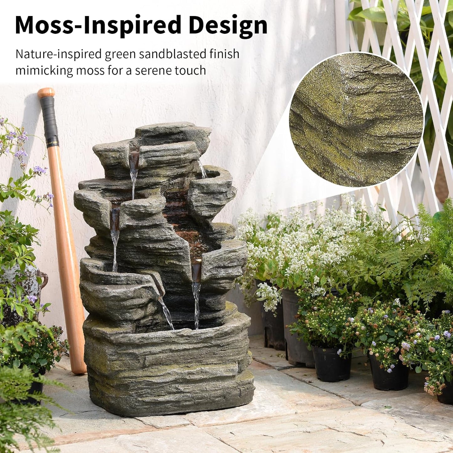 6-Tier Cascading Rock Water Fountain Outdoor Garden Waterfall Decor for Garden, Patio, Backyard, Deck, Porch and Home Art Decor,24.4" H Outdoor Fountain with Lights