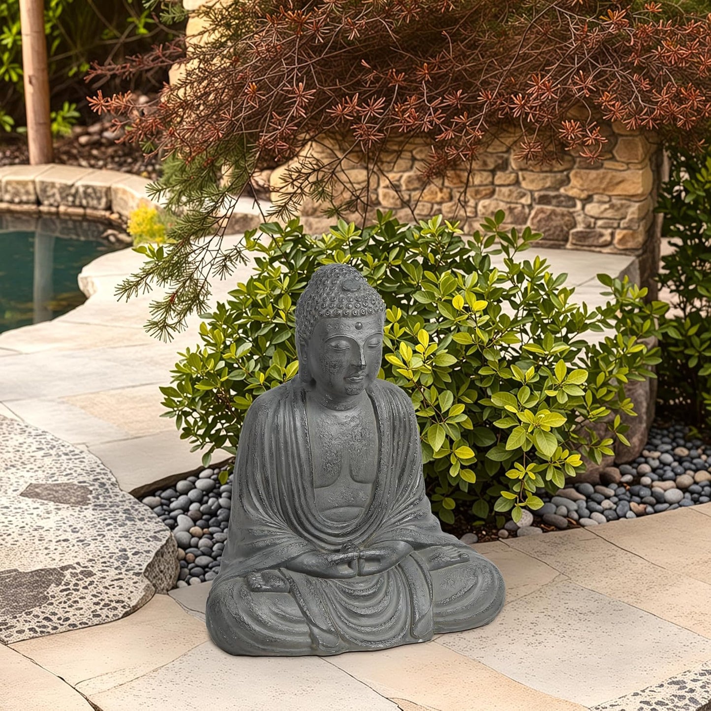 LuxenHome Buddha Statue Outdoor and Indoor, 17" Fiber Stone Meditating Buddha Garden Statues Outdoor, Zen Sculptures, Outdoor Statues for Garden, Patio, Backyard Deck