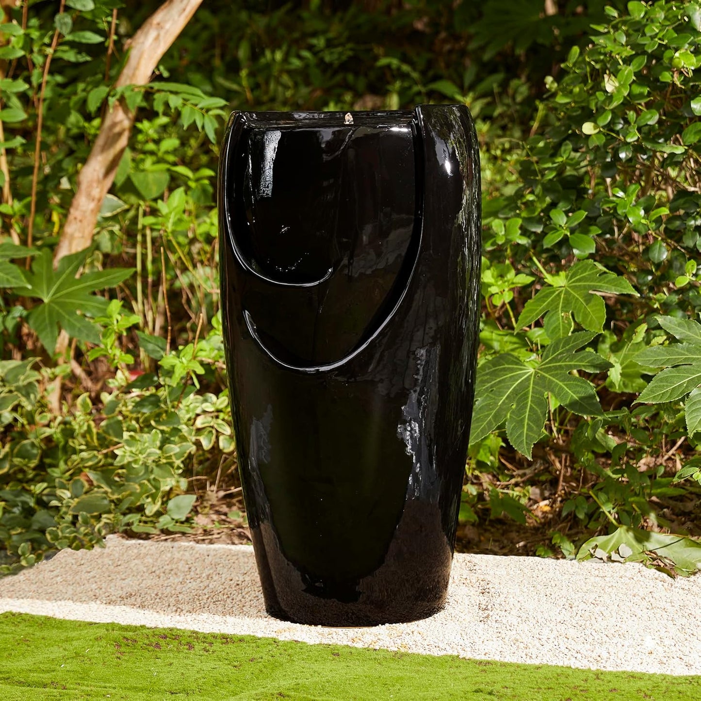 Glitzhome 29.25" H Oversized Ceramic Vase Outdoor Water Fountain Tall Patio Garden Water Fountain with LED Light and Submersible Pump Yard Art Decor, Black, 29.25”H