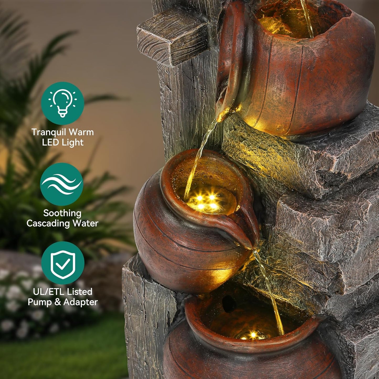 31.5" H Outdoor Water Fountain with LED Lights and Pump, Cascading Pitchers Farmhouse Garden Fountain Waterfall for Patio, Porch, or Yard