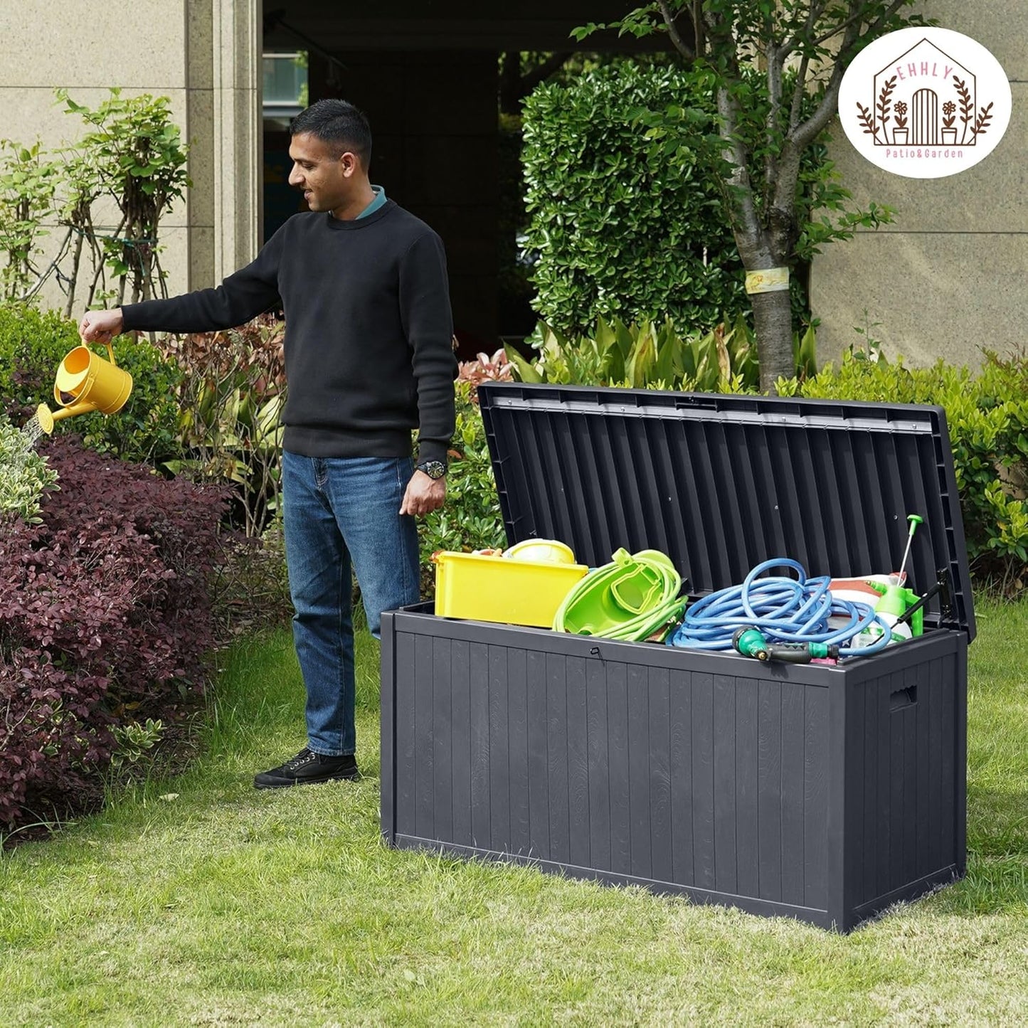 120 Gallon Outdoor Storage Box Large, Lockable Outside Containers Waterproof Patio Cushions Storage Deck Boxes, Plastic Garden Hose Boxes Resin Pool Storage Bins, Grey