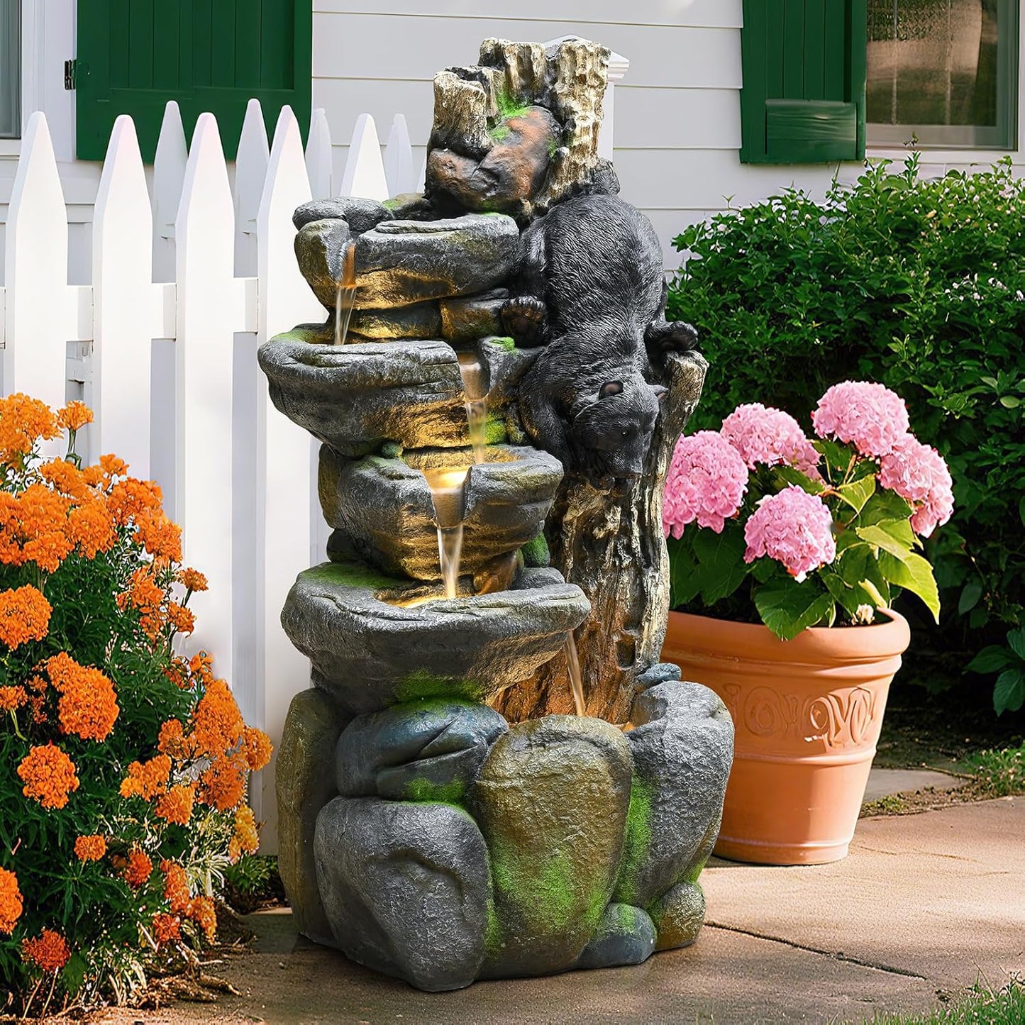 39" Outdoor Garden Water Fountain with Lights 5 Tiers Cascading Large Waterfall Floor Standing Fountain for Patio, Backyard, Deck, Porch and Home Art Decor