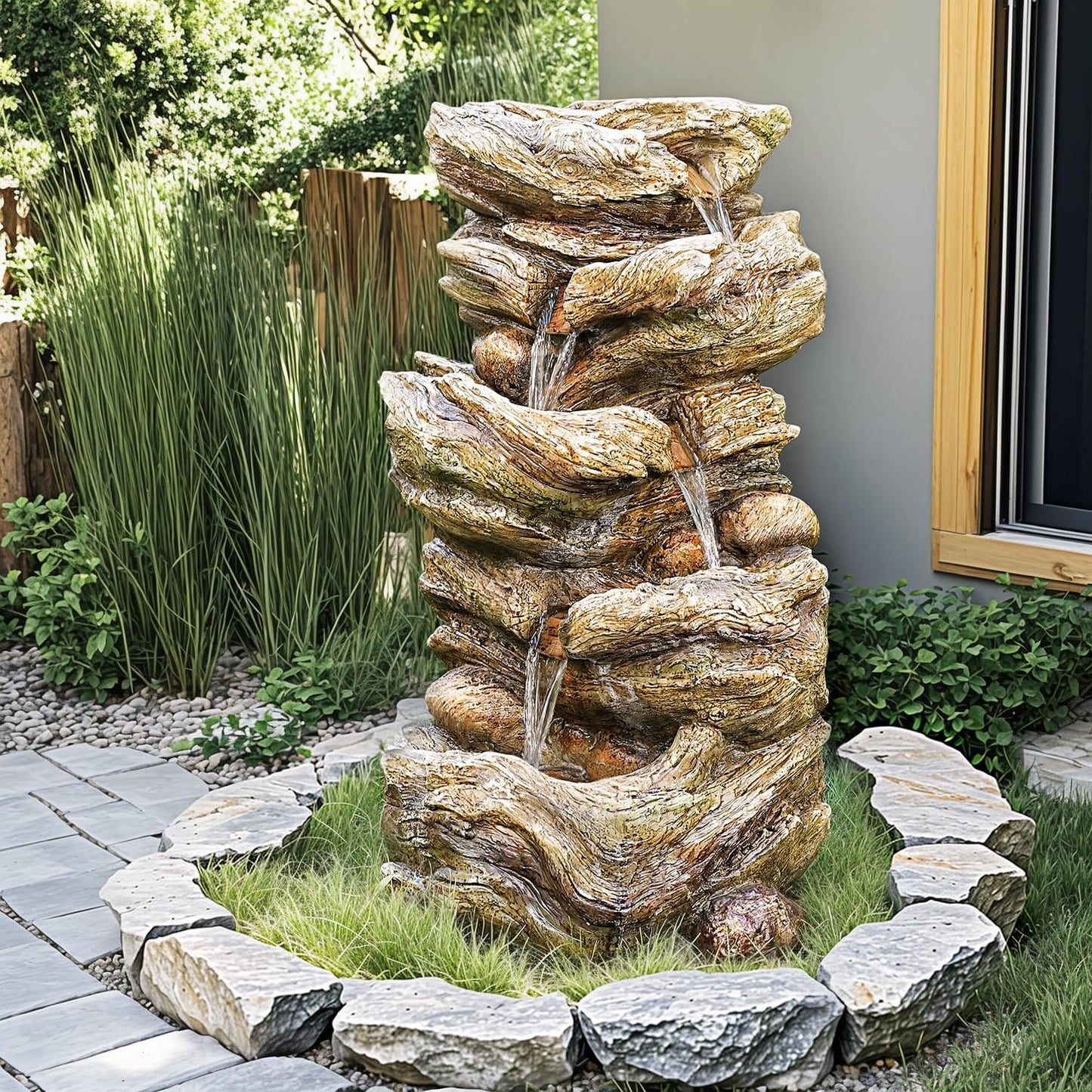 32" High Outdoor Water Fountain, 5-Tiers Cascading Rock Waterfall with LED Lights for Garden, Patio, Yard Decor, Soothing Tranquility for Any Outdoor Living Space