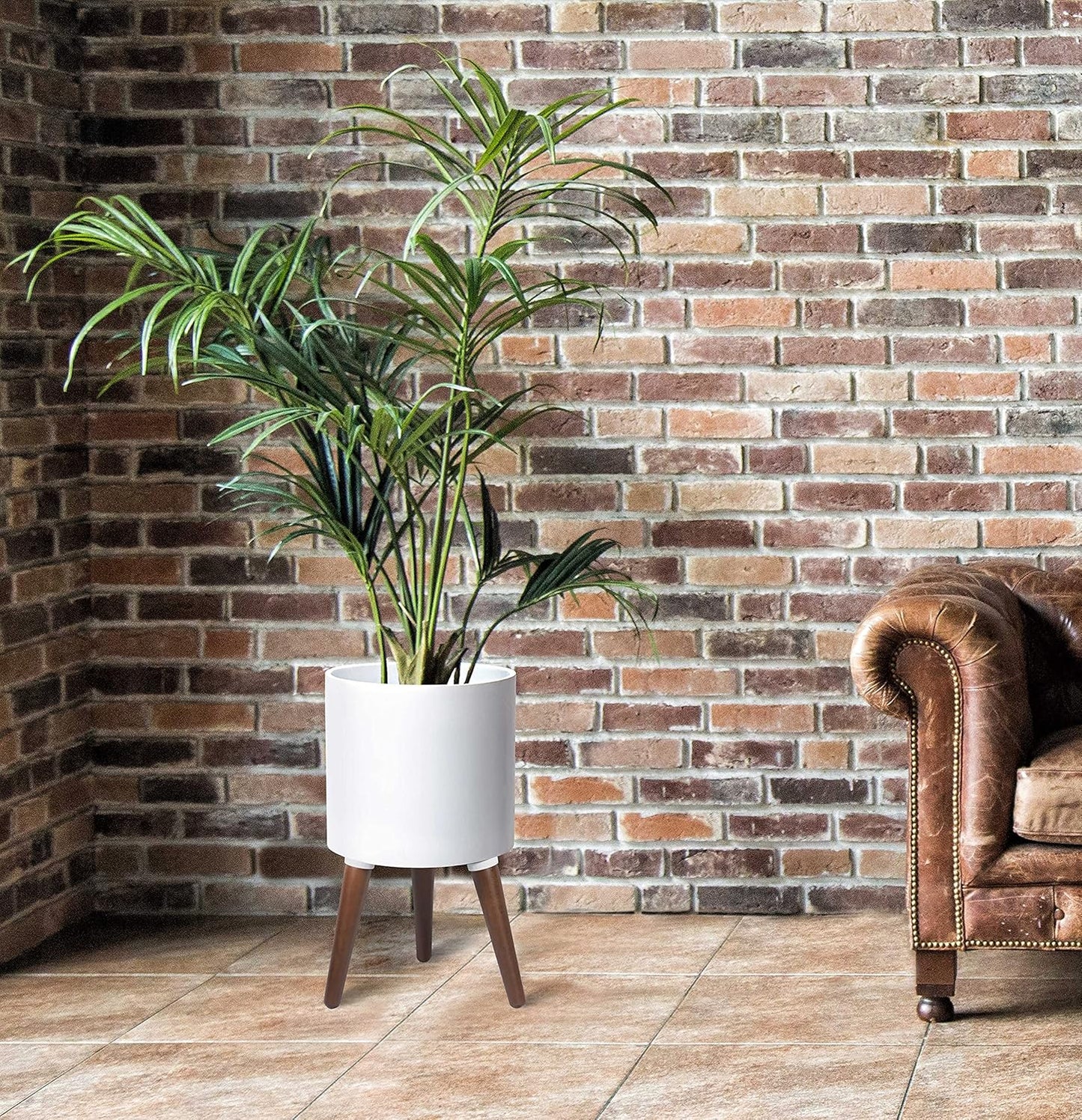 D'vine Dev 10 Inch Planter Pot with Stand, Mid-Century Tall Plant Pot with Legs for Indoor Plants, Medium, White, 88-O-B-1