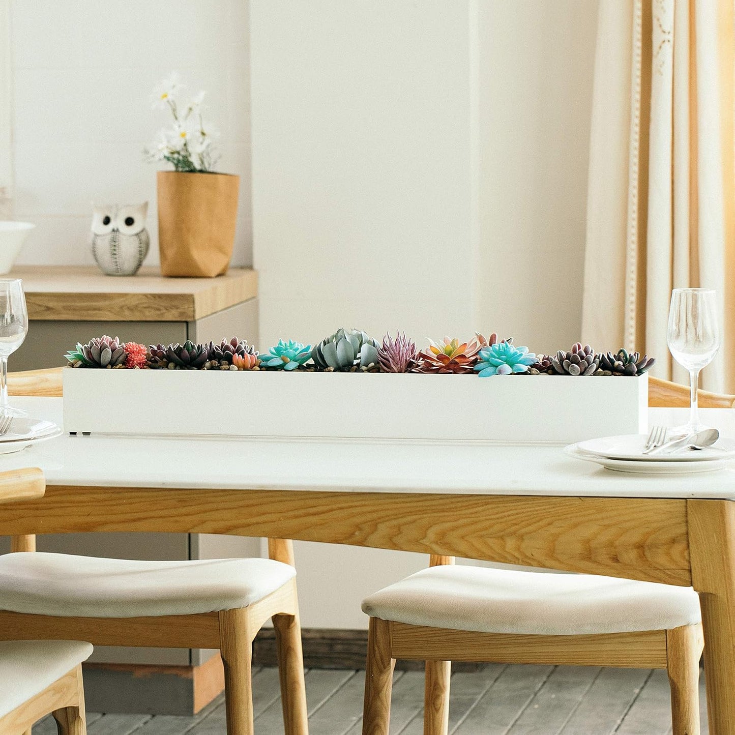 DR&Co Modern Rectangle Planter Box - 32" Metal Planter Ideal for Long Succulent, Rectangular Box for Table or Window Sill, Trough for Indoor Window, White