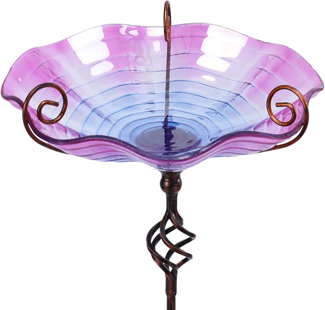 MUMTOP 31 Inch Height Glass Birdbaths, Outdoor Bird Bath Birdfeeder with Metal Stake Garden Yard Outside, Purple