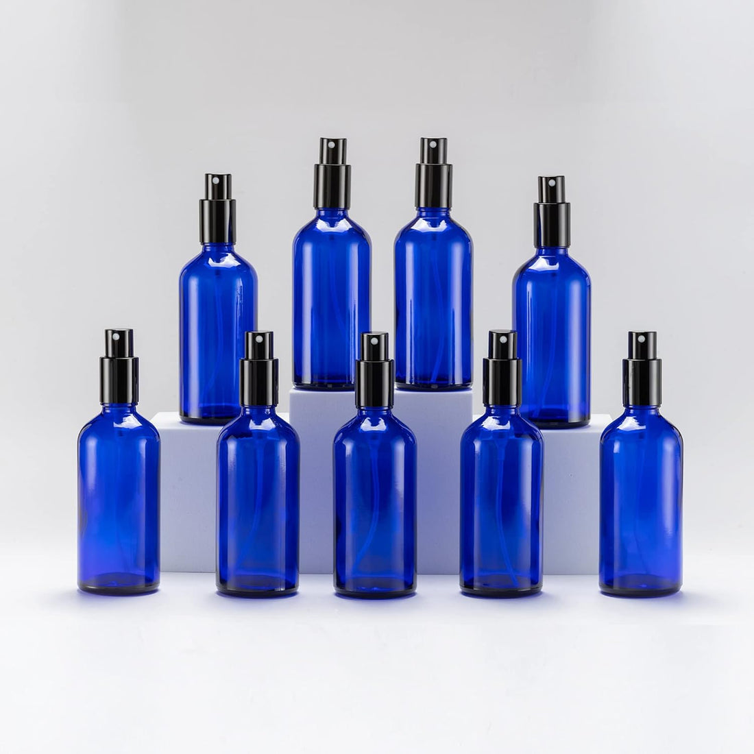 YIZHAO Blue Glass Spray Bottles 4oz, with Small Fine Mist Spray, Metal Cap, Refillable for Essential Oil,Travel,Cleaning,Perfume,Aromatherapy,Makeup – 9 Pcs