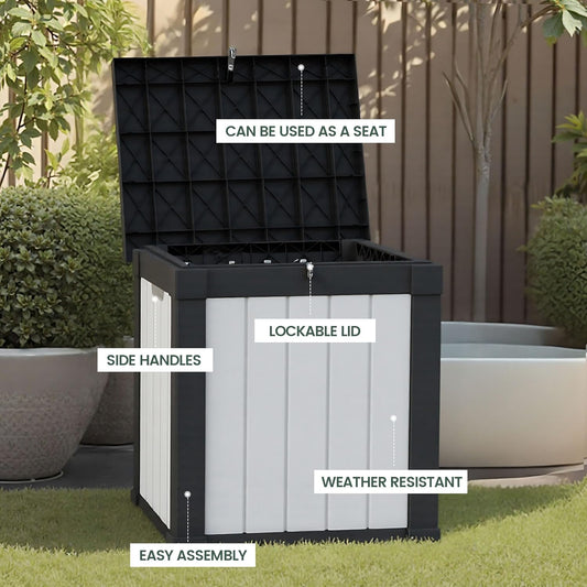 50 Gallon Storage Box, Waterproof Deck Box for Indoor & Outdoor Use, Lockable Pool Storage Bin for Package Delivery, Outdoor Bench for Patio Cushions, Garden Tools, Backyard, Black & White